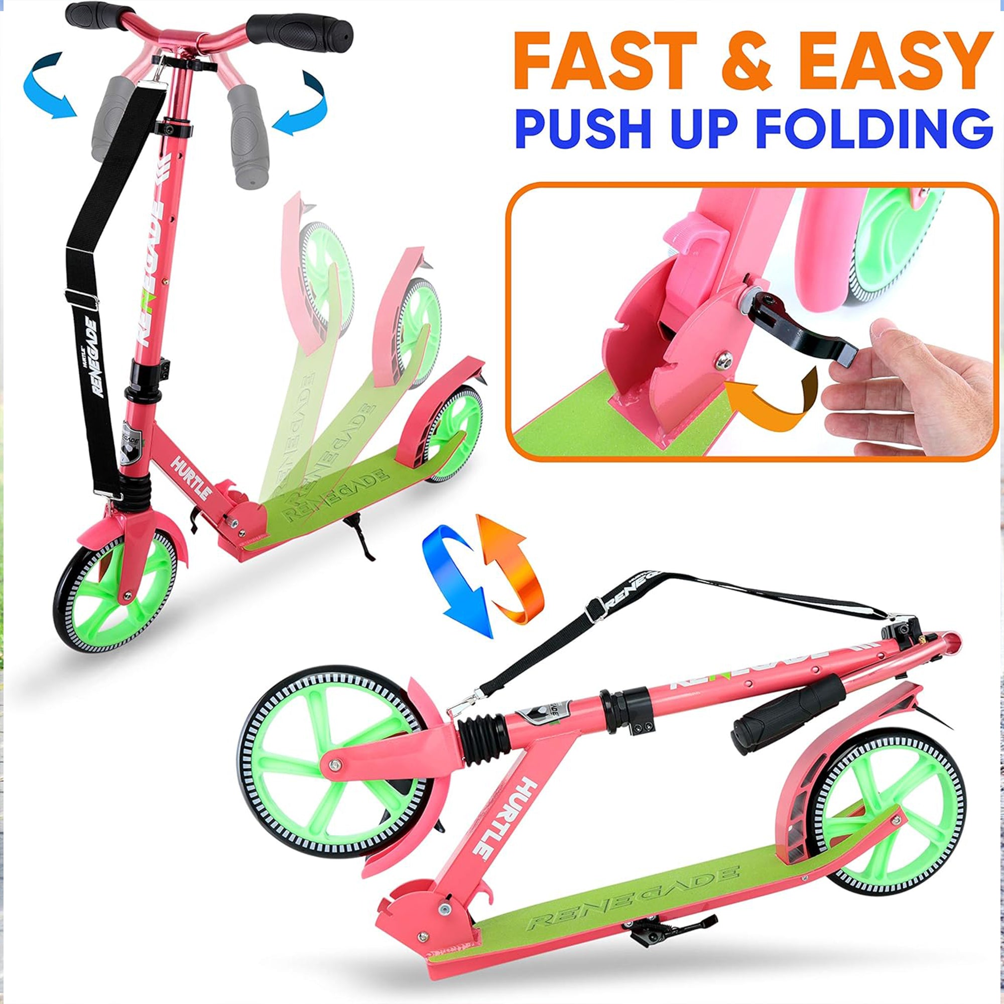 Hurtle Adjustable and Foldable Kick Scooter with High Impact Wheels, Watermelon - VMInnovations