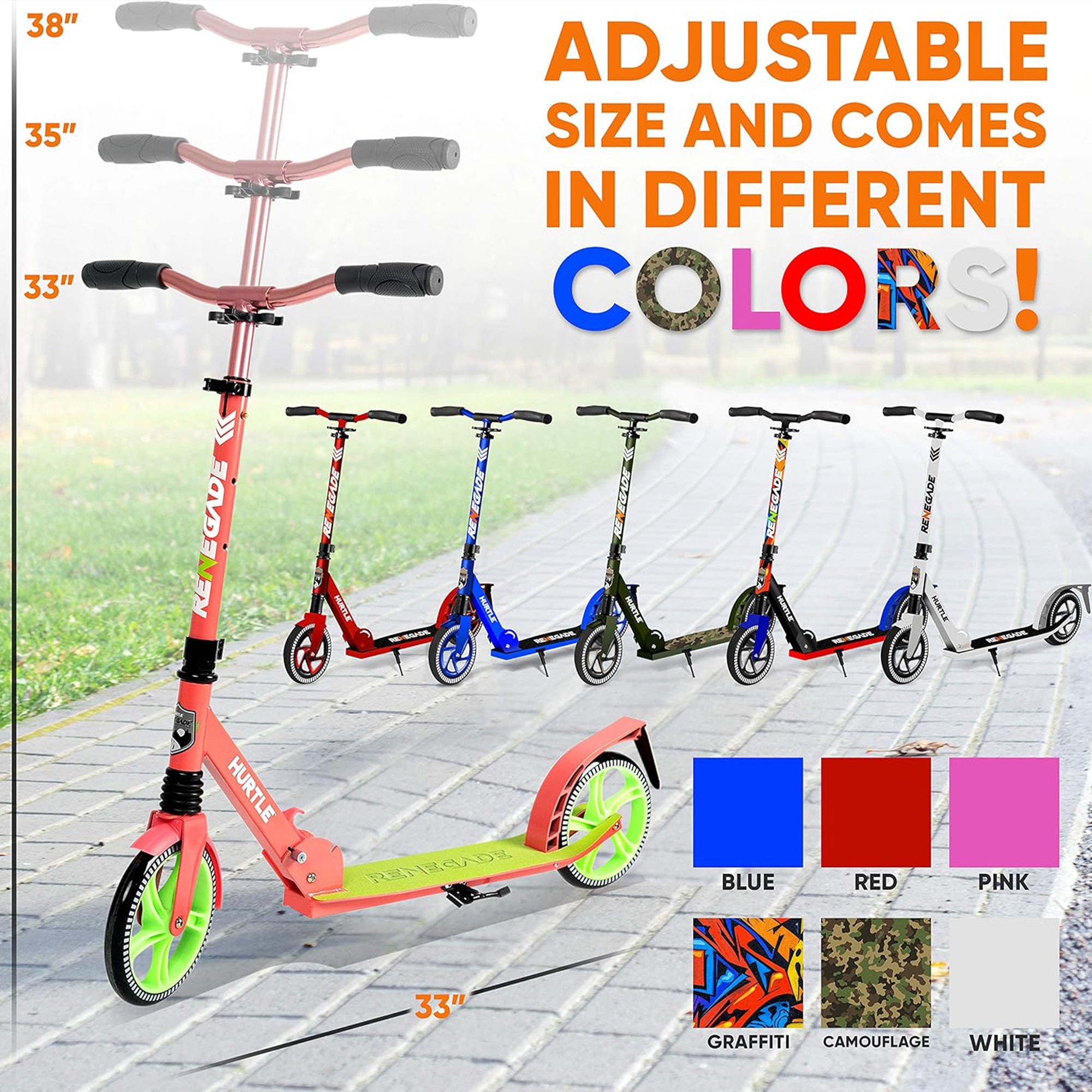 Hurtle Adjustable & Foldable Kick Scooter w/High Impact Wheels, Watermelon(Used) - VMInnovations