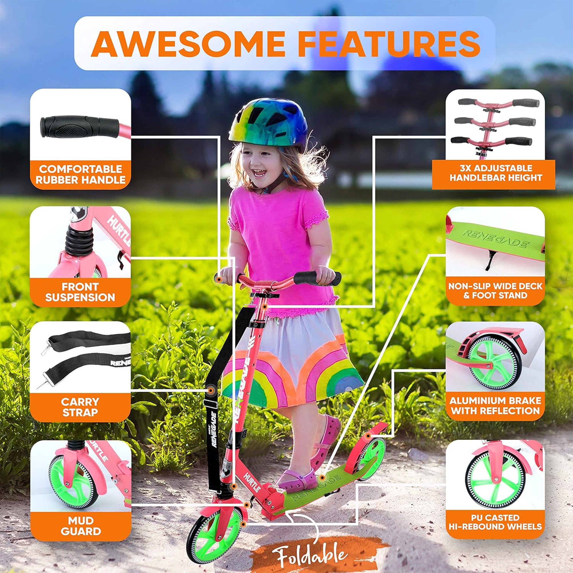 Hurtle Adjustable & Foldable Kick Scooter w/High Impact Wheels, Watermelon(Used) - VMInnovations