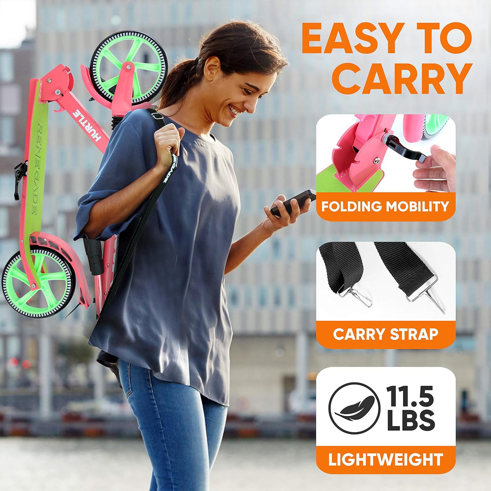 Hurtle Adjustable & Foldable Kick Scooter w/High Impact Wheels, Watermelon(Used) - VMInnovations