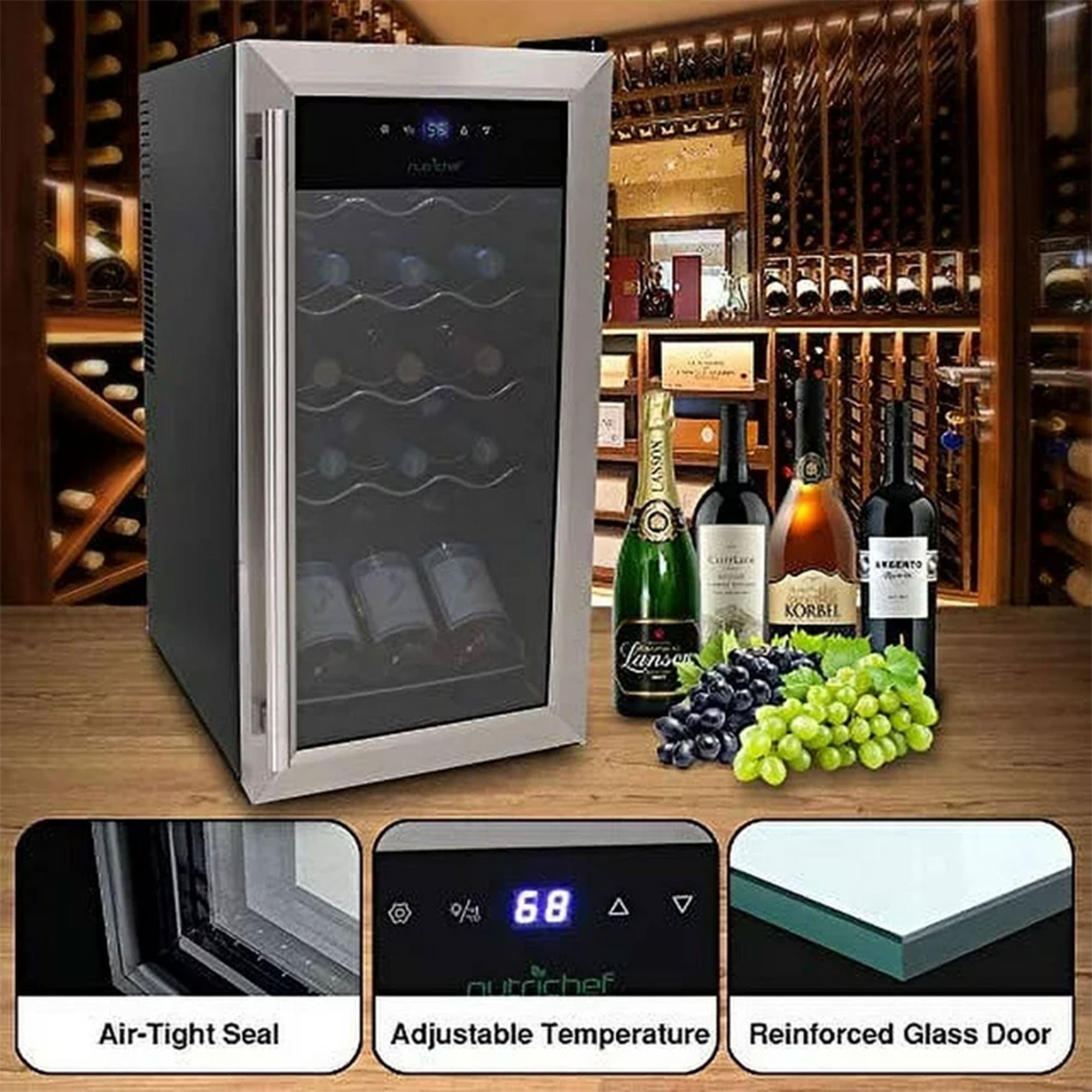 NutriChef Wine Chilling Countertop Cooler w/Digital Control, 15 Bottle Capacity - VMInnovations