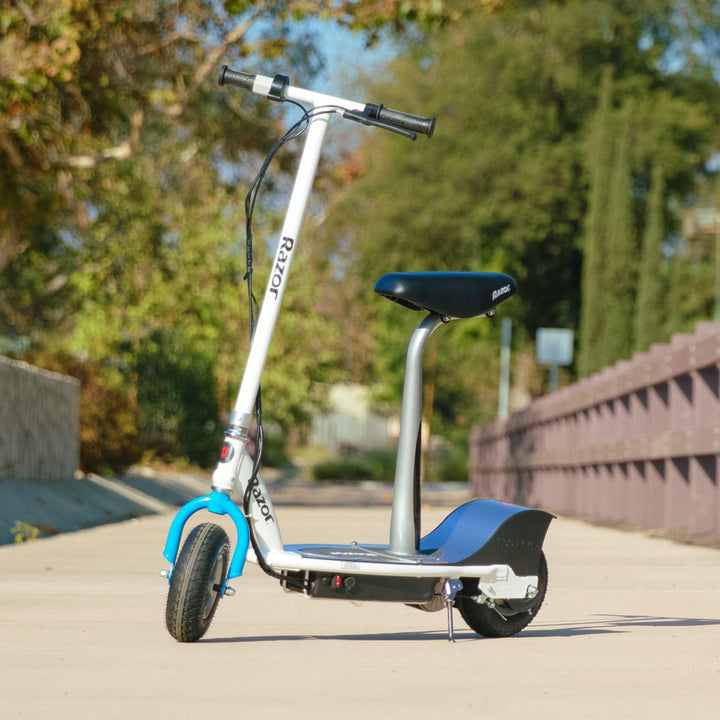Razor E300S Seated Electric Scooter for Kids, Pneumatic Tires, Seat, White/Blue - VMInnovations
