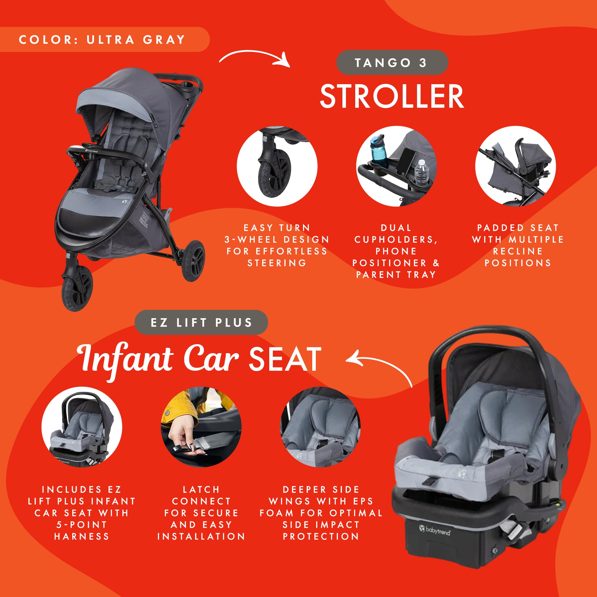 Baby Trend Tango 3 Wheel Stroller Travel System w/ EZ-Lift Plus Infant Car Seat