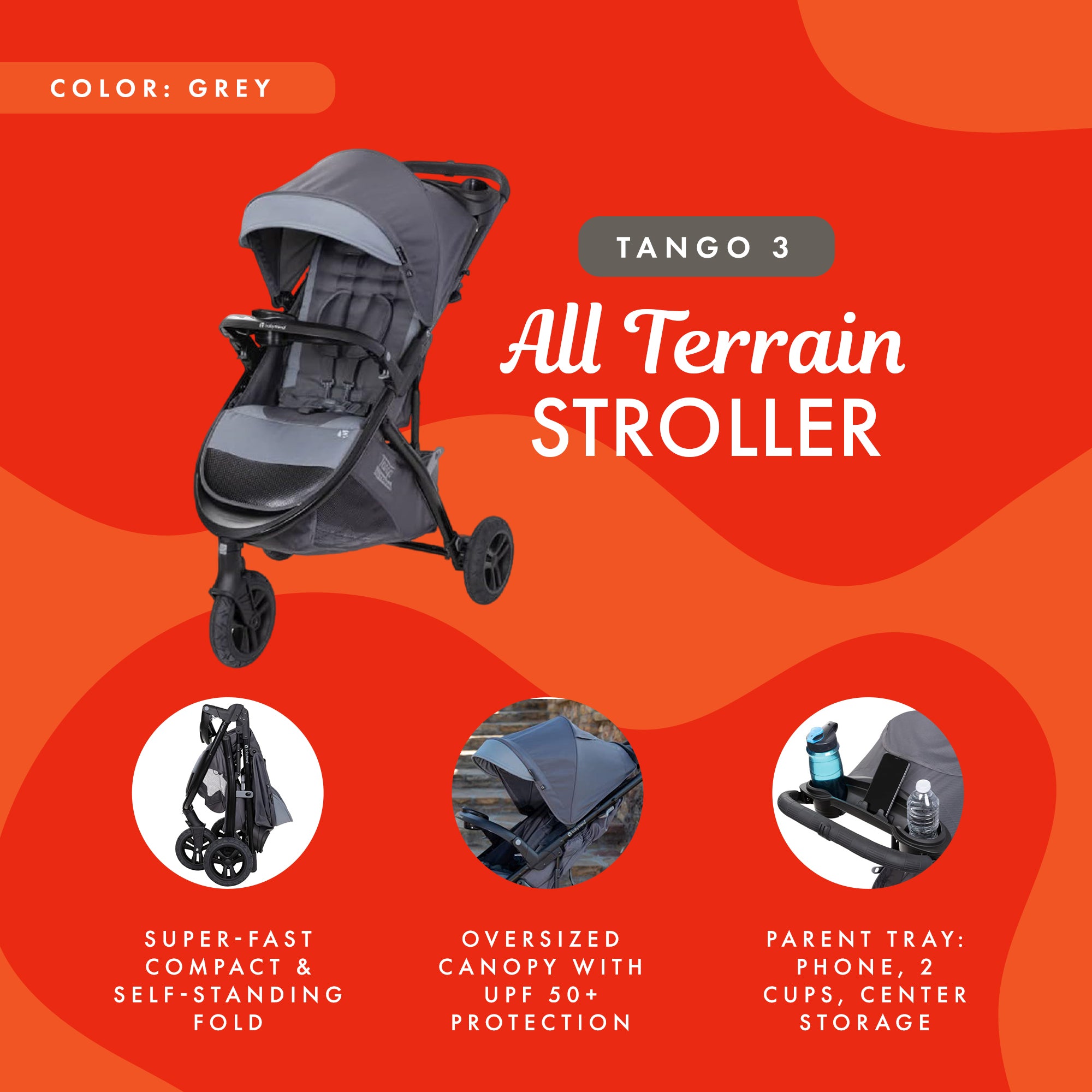 Baby Trend Tango 3 All Terrain Travel Stroller with Canopy and 8" Tires, Grey - VMInnovations