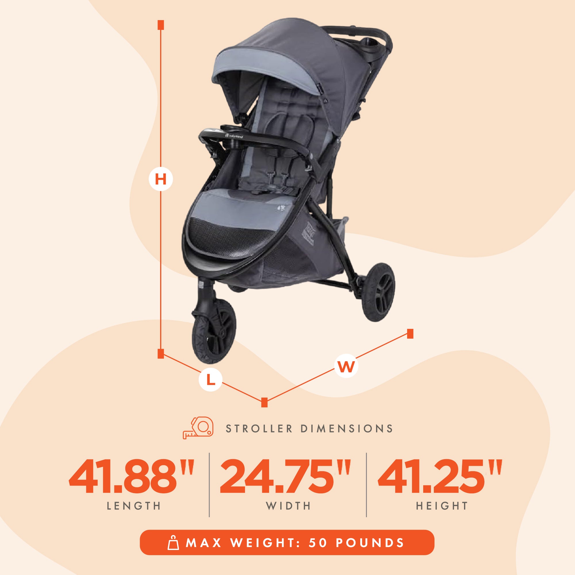 Baby Trend Tango 3 All Terrain Travel Stroller with Canopy and 8" Tires, Grey - VMInnovations