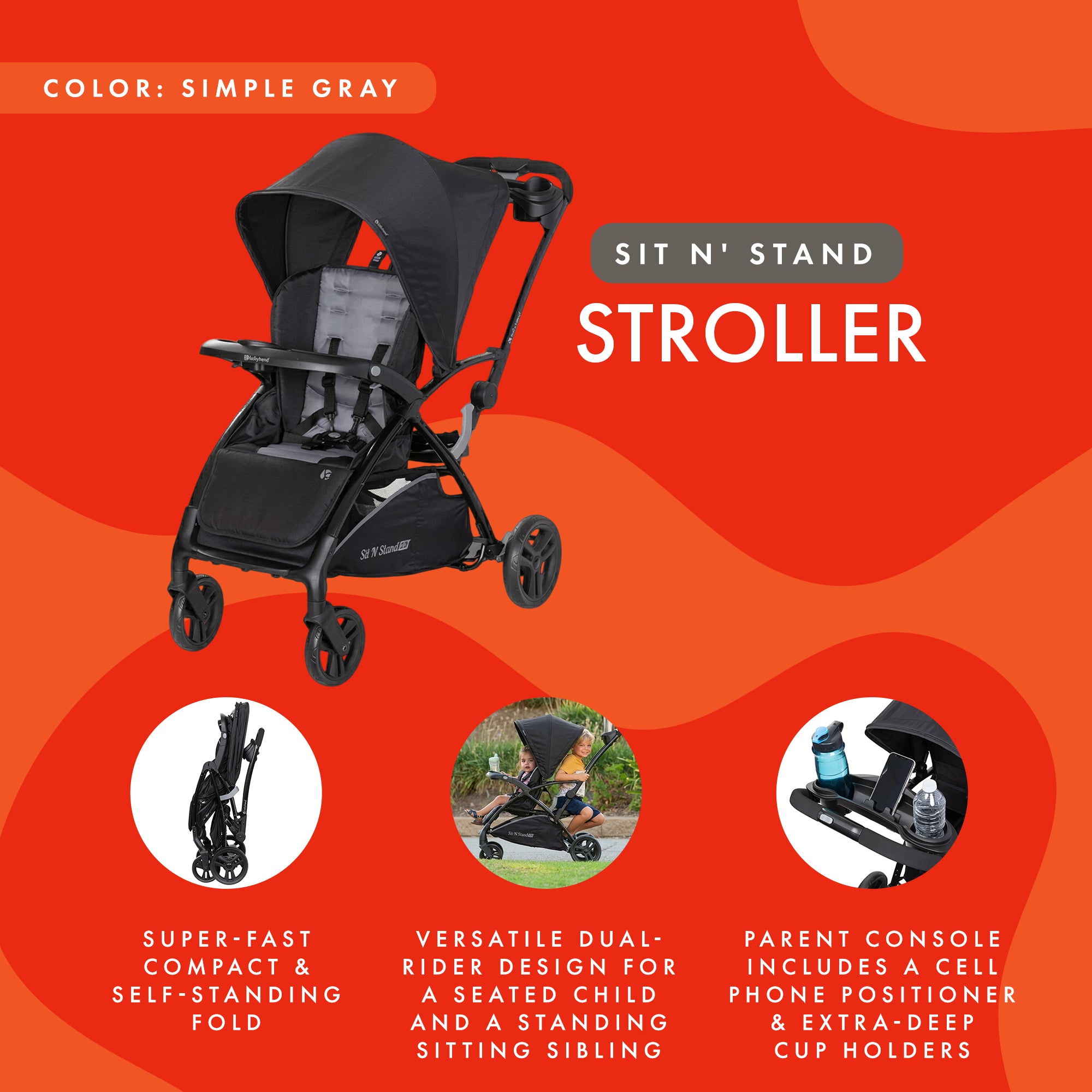 Baby Trend Sit N' Stand 2.0, 5-in-1 Stroller with Canopy and Basket, Simple Grey - VMInnovations