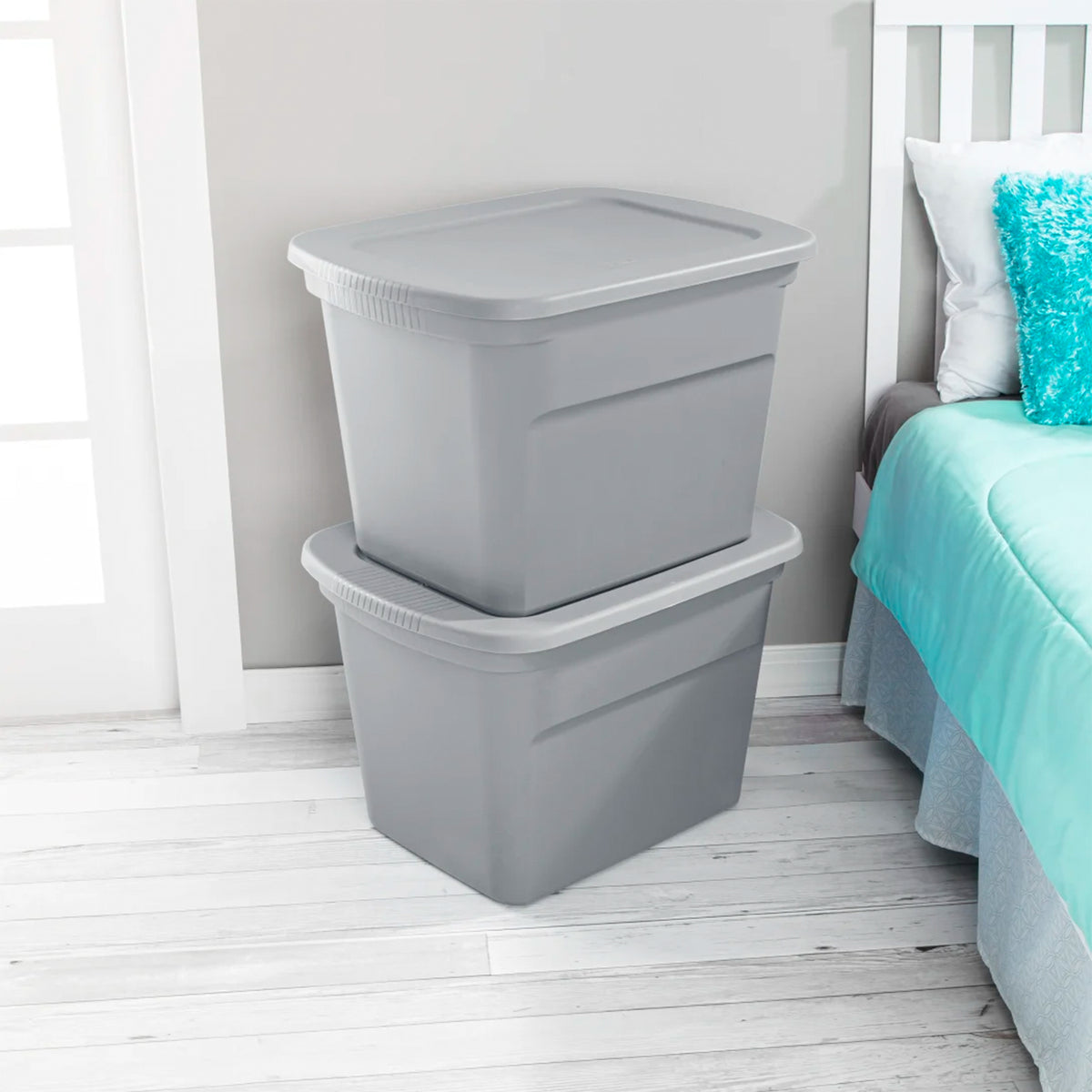 Sterilite 18 Gal Plastic Tote Storage Container with Snap On Lid, Cement, 24Pack