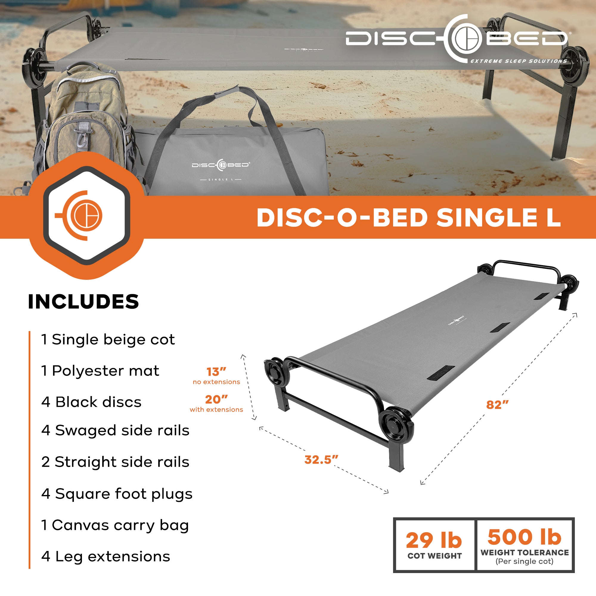 Disc-O-Bed Single Modular Portable Cot for Indoors and Outdoors, Grey (Open Box)