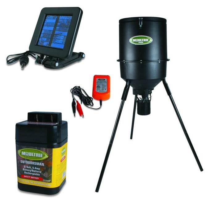New! MOULTRIE 30 Gal. Pro Tripod Feeder + DSP Solar Panel + 6V Battery + Charger