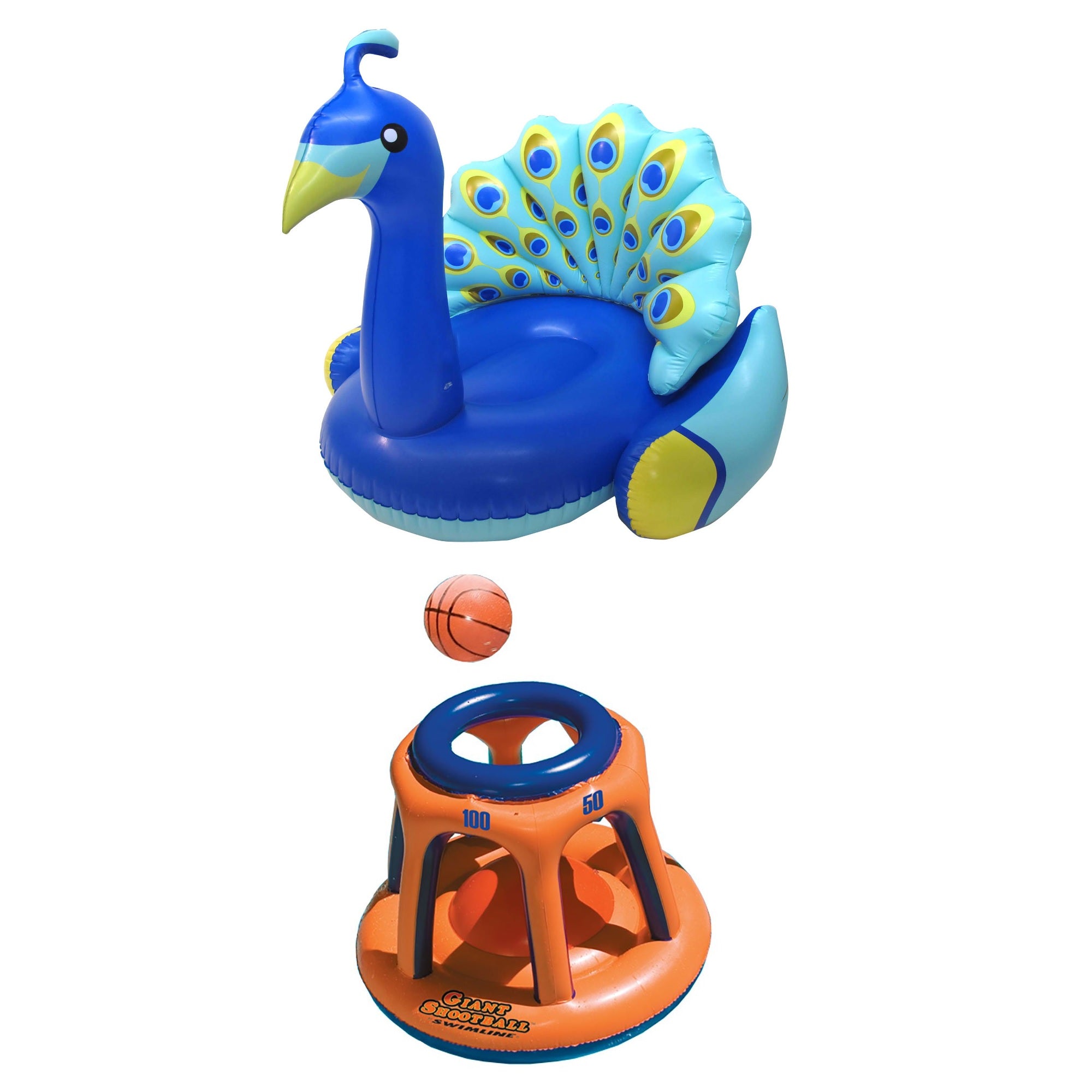 Swimline Giant Inflatable Peacock Ride-On w/ Backrest & Giant Shootball Pool Toy - VMInnovations