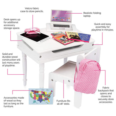 Playtime by Eimmie Classroom Playset w/ Desk, Chair, & Laptop for 18 Inch Dolls
