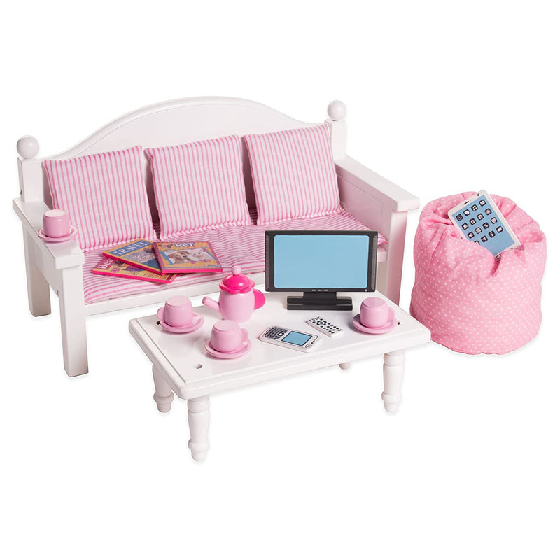 Playtime by Eimmie Wood Sofa and Coffee Table with Accessories for 18 Inch Dolls