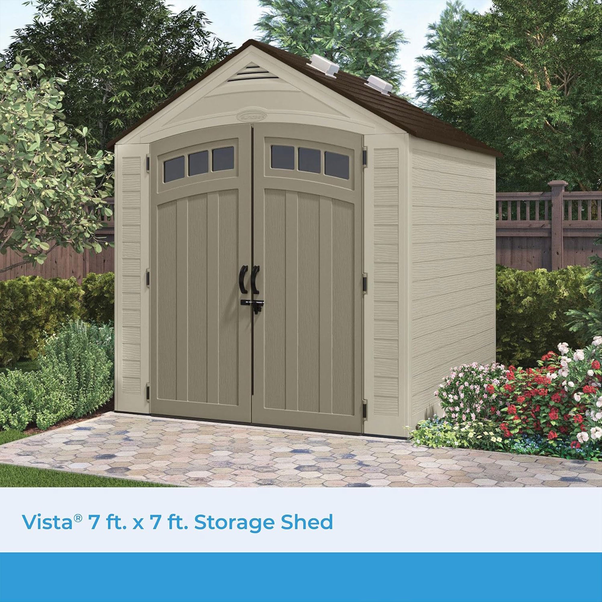 Suncast Vista 7 ft. x 7 ft. Storage Shed for Gardening Tools, Light Cobblestone - VMInnovations