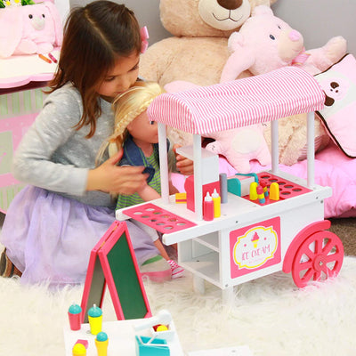 Playtime by Eimmie Wood Ice Cream Cart Playset w/ Accessories for 18 Inch Dolls