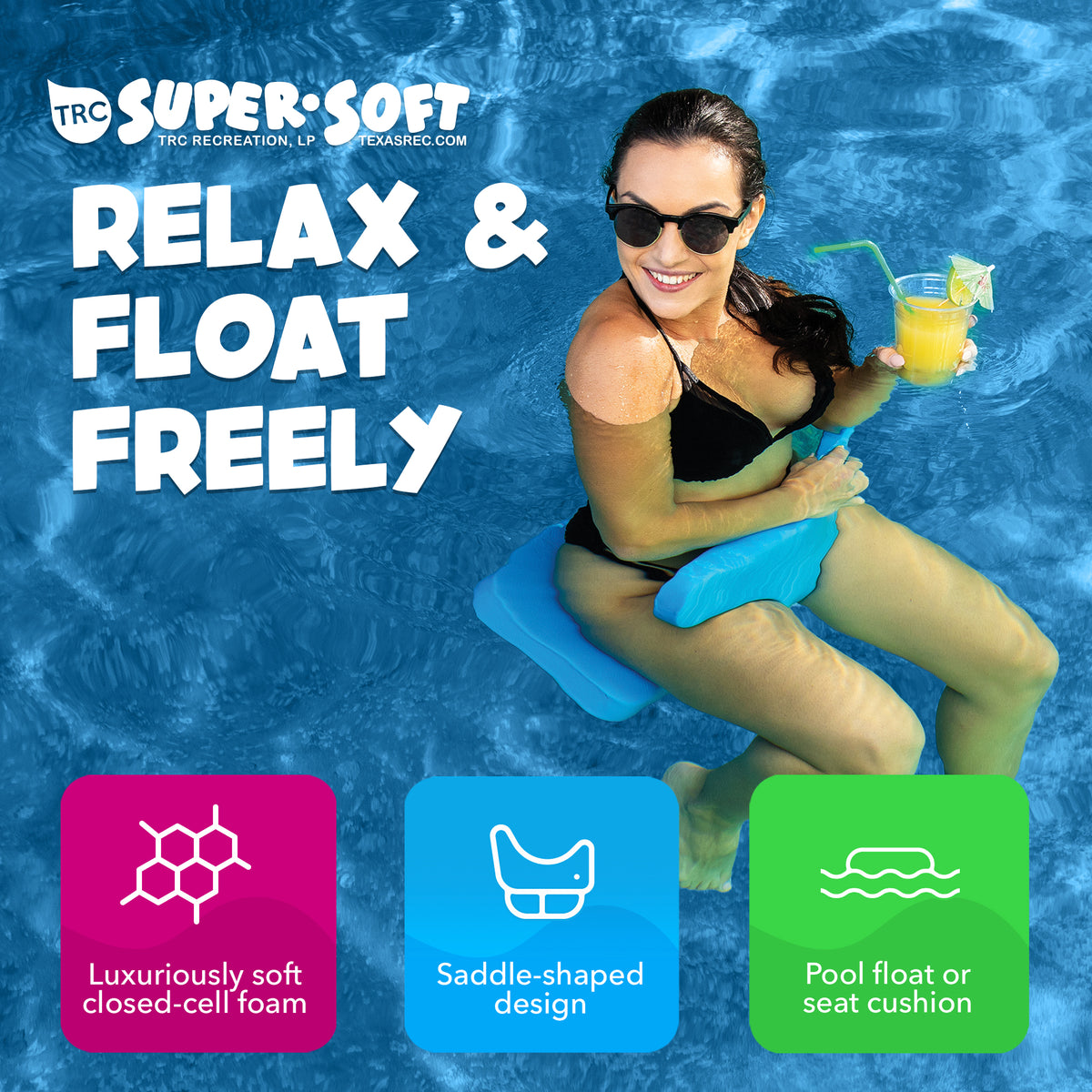 TRC Recreation Super Soft Foam Water Saddle Pool Lounger Float, Bahama Blue
