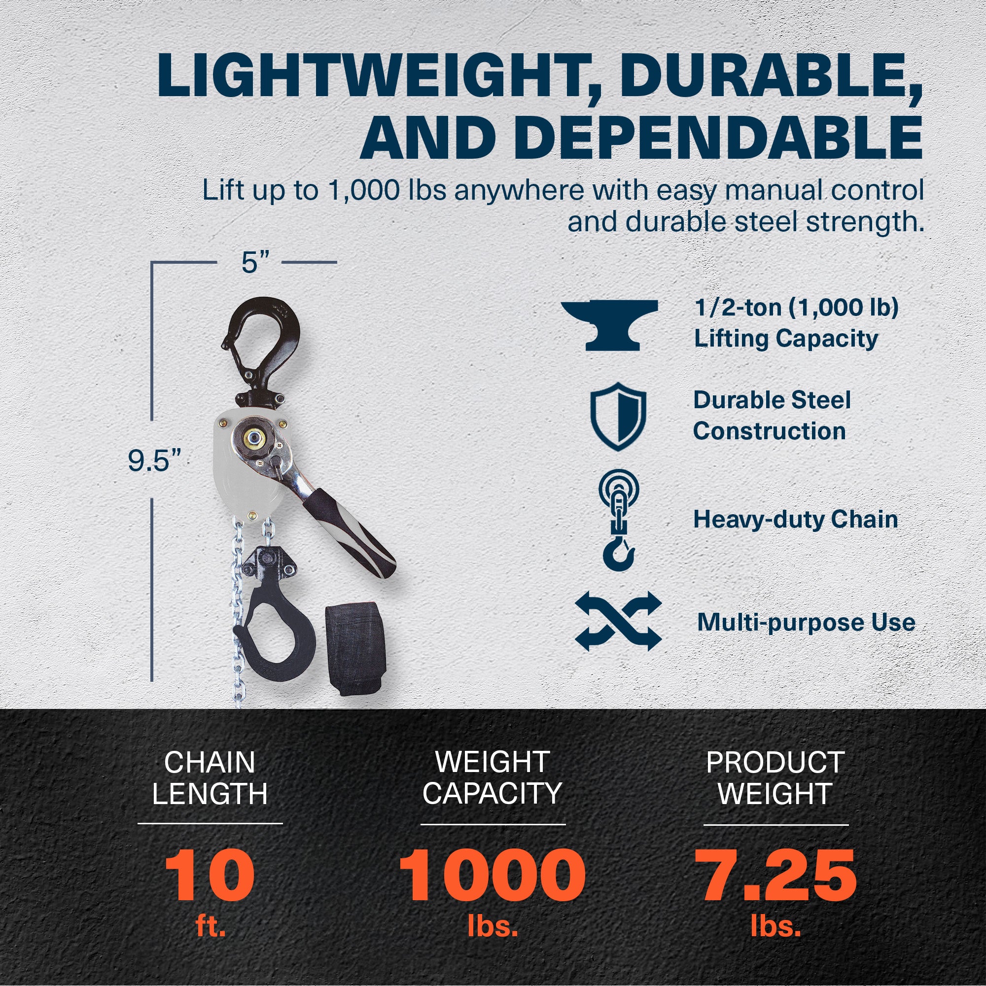 Shop Tuff 1/2 Ton Manual Lever Chain Hoist, 10 Ft Lift Height, Portable, Steel - VMInnovations