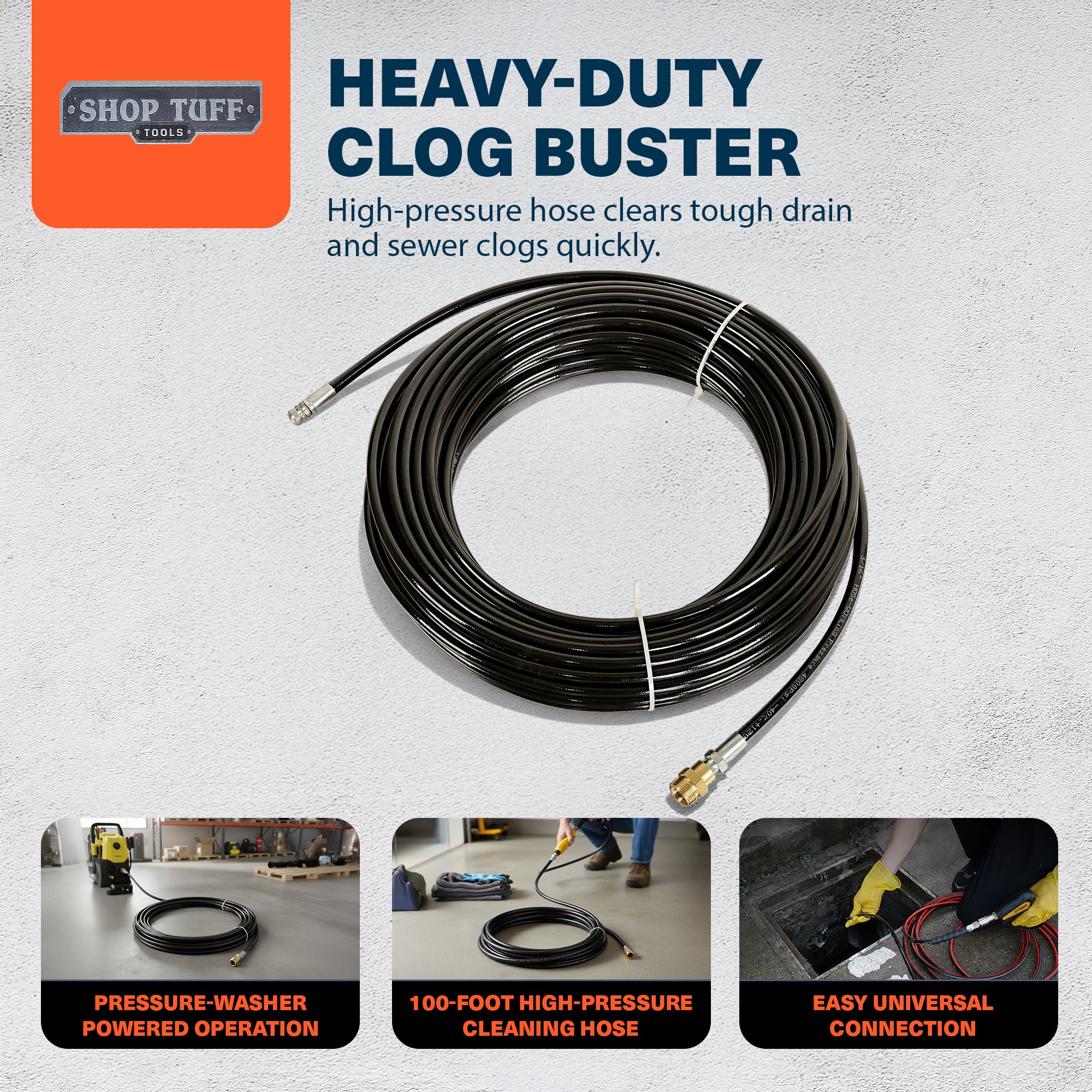 Shop Tuff Heavy-Duty Clog Buster Drain Cleaner, 100 Ft Sewer Jet Hose, 4800 PSI - VMInnovations