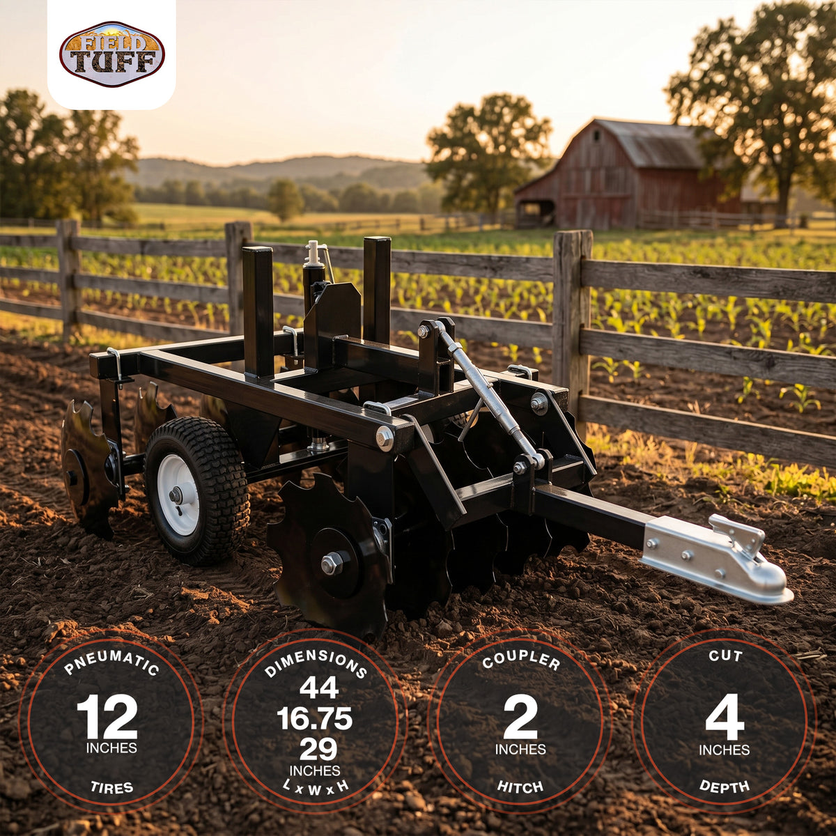 Field Tuff Tow-Behind Disc Harrow for ATVs, UTVs, or Utility Tractors, 33" Wide