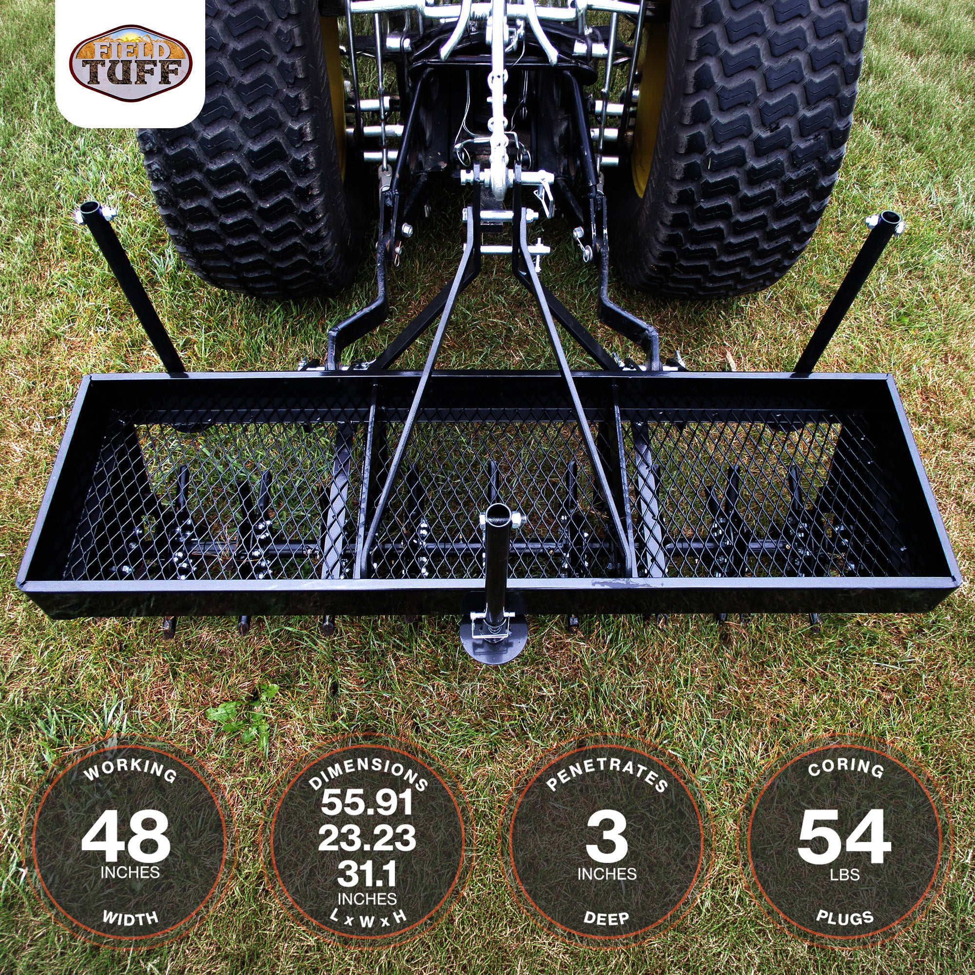 Field Tuff 48" 3-Point Plug Aerator, Heavy-Duty Steel, Cat 0 & 1 Tractors, Black