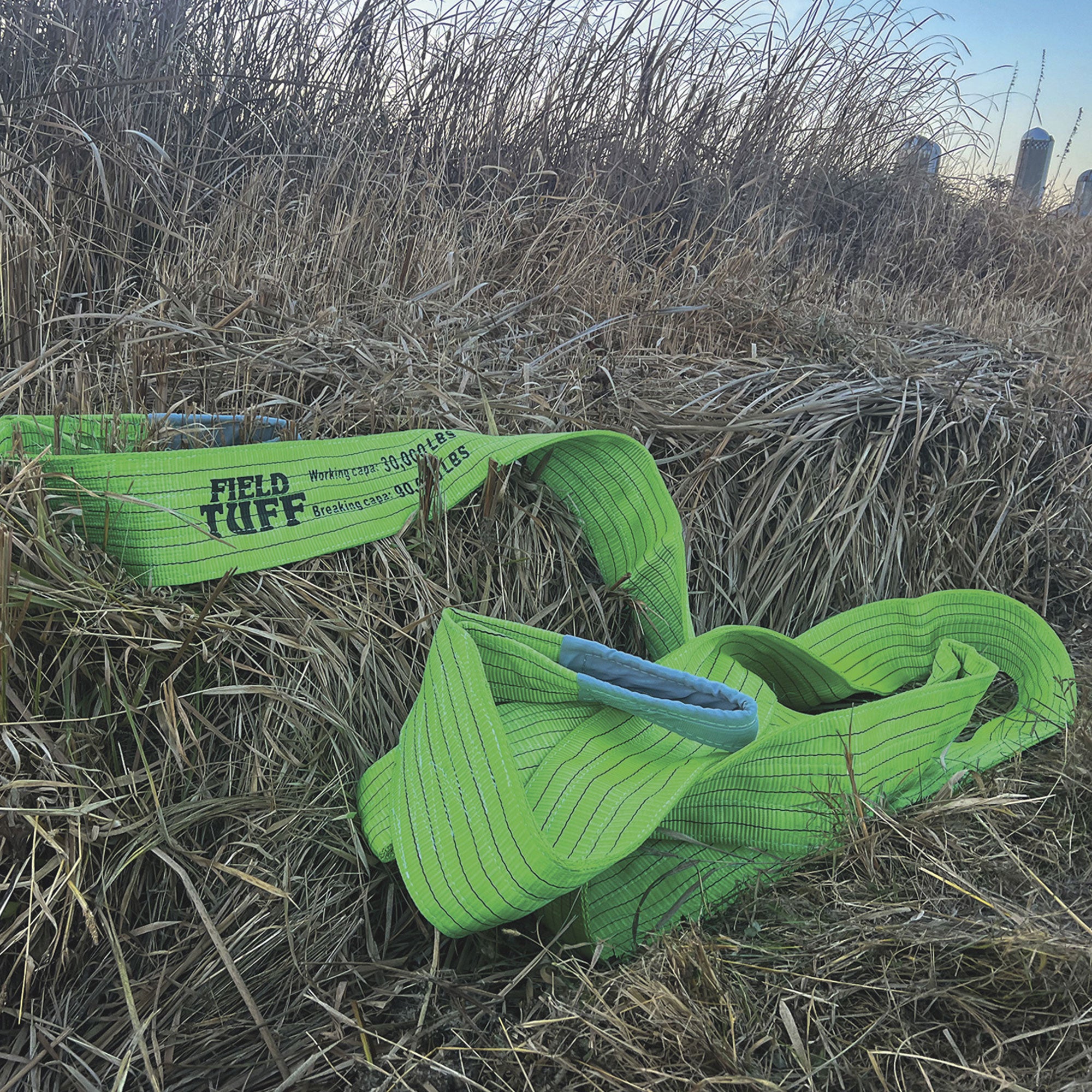 Field Tuff Heavy-Duty Tow Strap with Reinforced Loops, 7" Wide x 30' Long, Green - VMInnovations