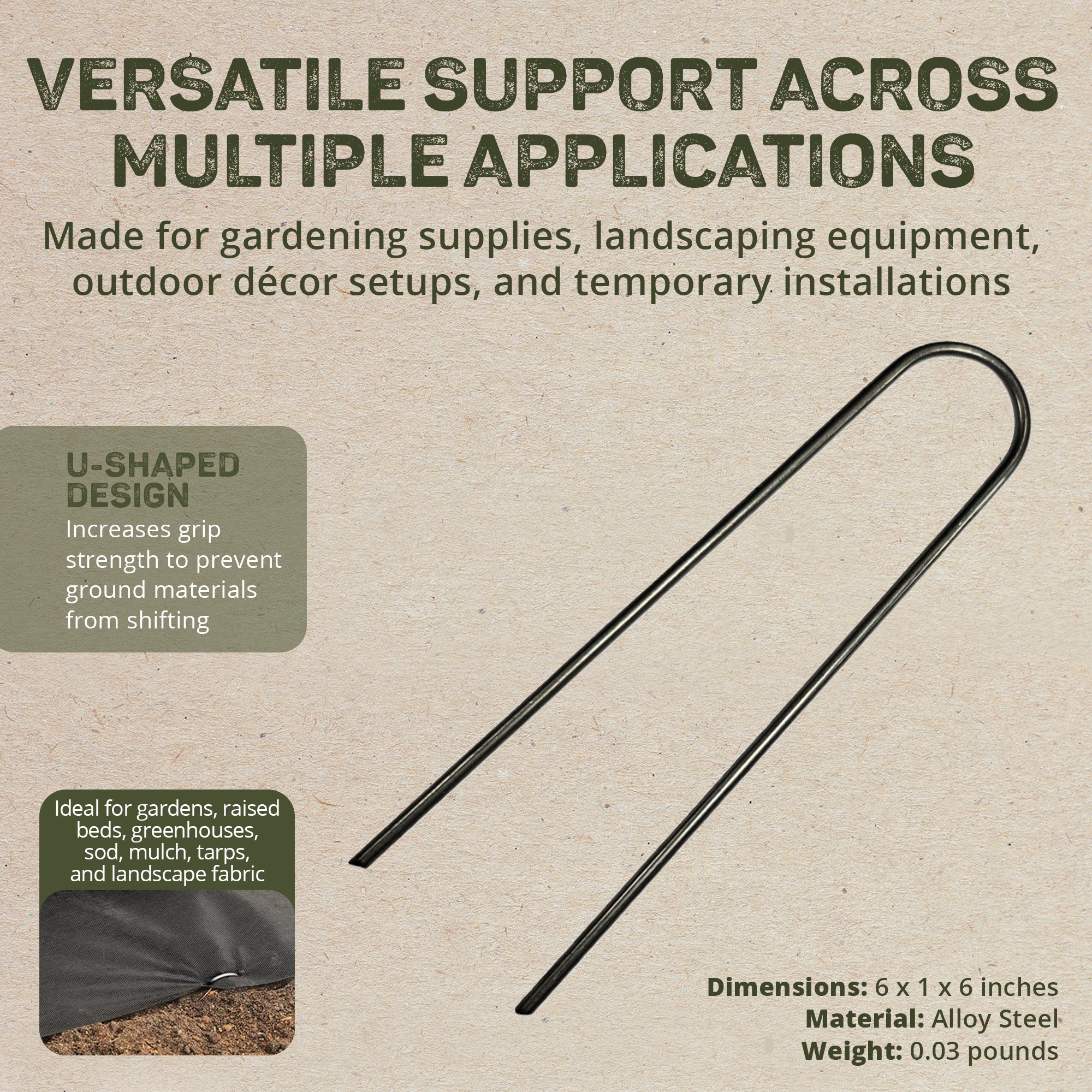 DeWitt 6 Inch U-Shaped Rounded Top Steel Anchor Pins for Landscaping, 100 Count