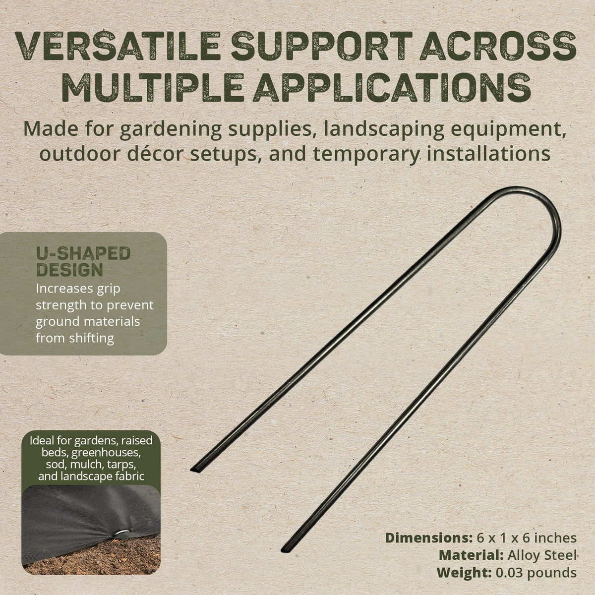 DeWitt 6 Inch U-Shaped Rounded Top Steel Anchor Pins for Landscaping, 100 Count