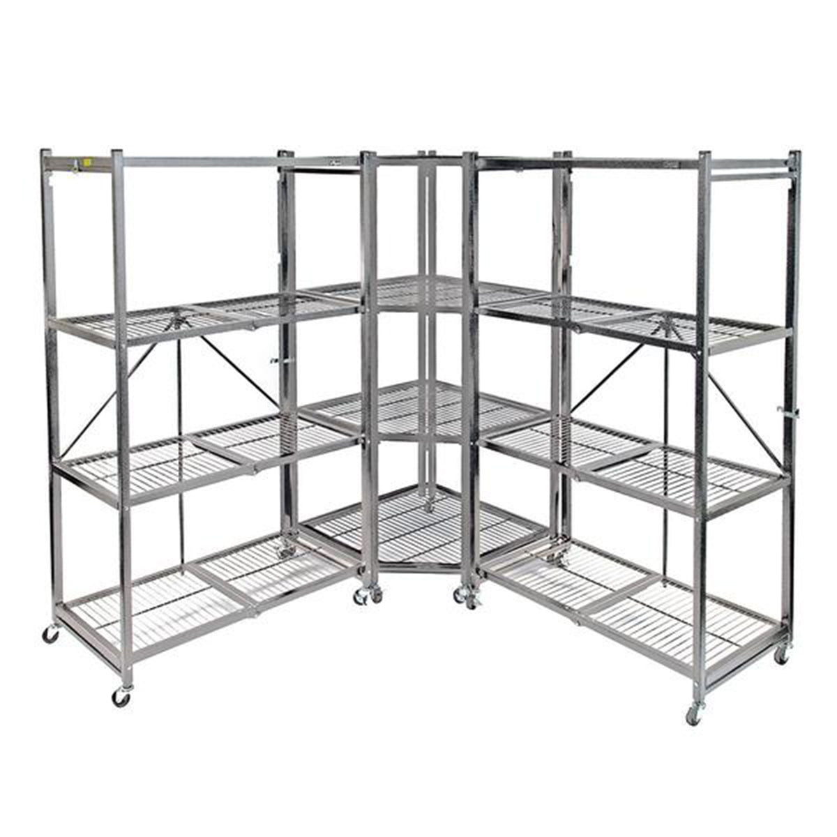 Origami 4 Tier Foldable Garage Corner Shelving w/Wheels for Organization, Pewter
