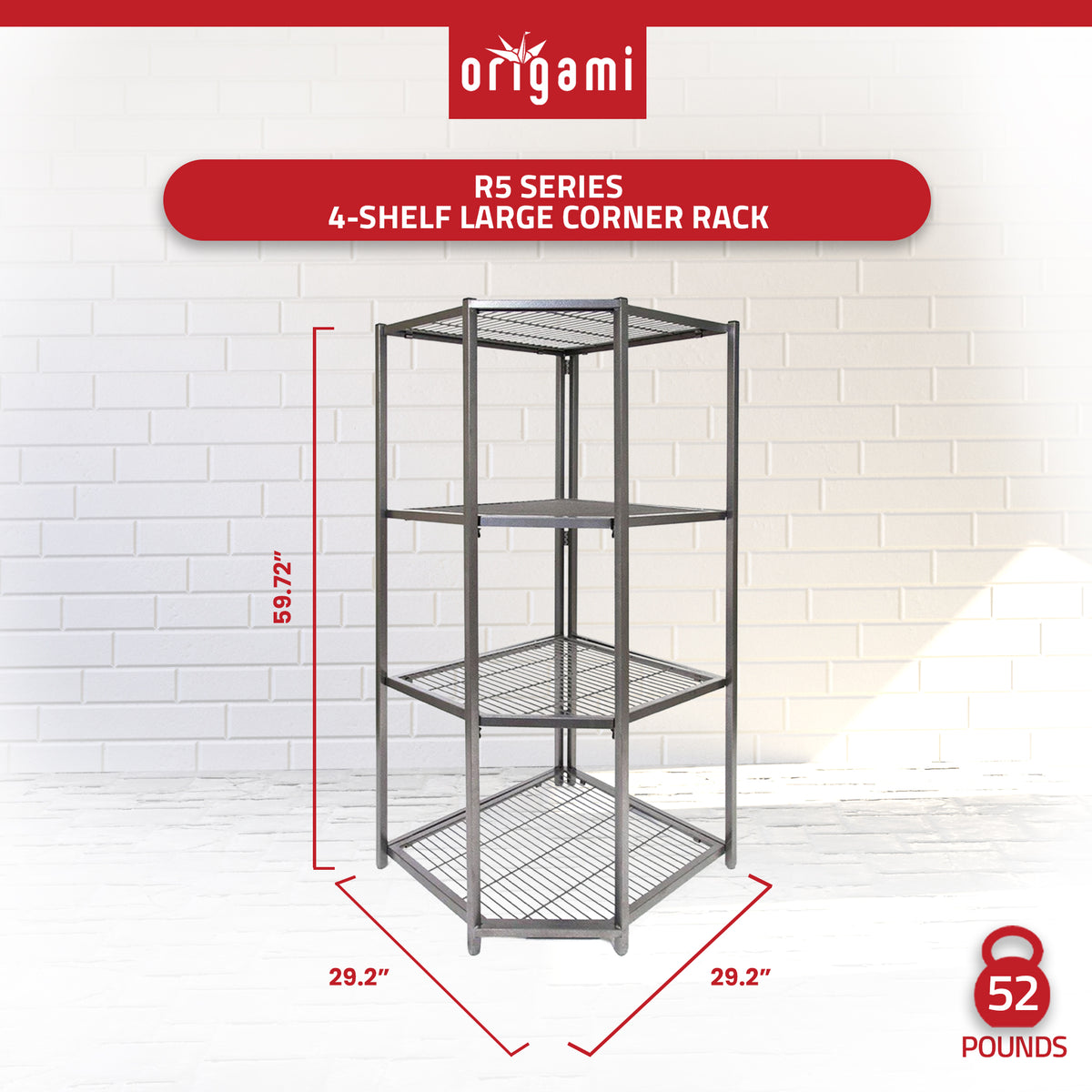 Origami 4 Tier Foldable Garage Corner Shelving w/Wheels for Organization, Pewter