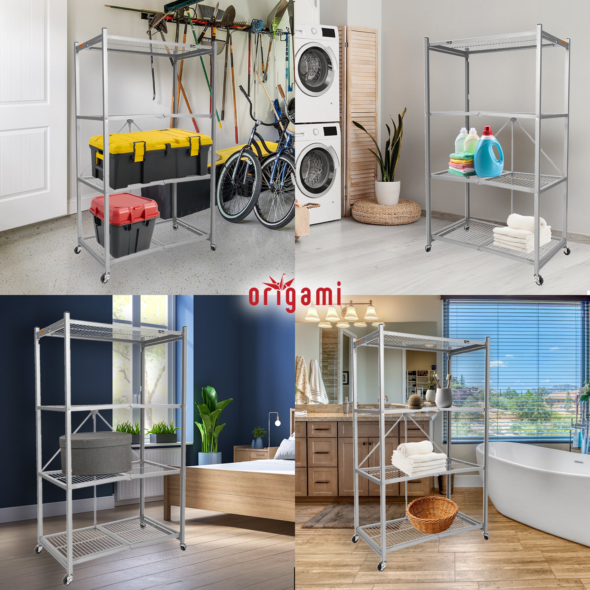 Origami 4 Tier Foldable Heavy Duty Garage Shelving with Wheels for Organization - VMInnovations