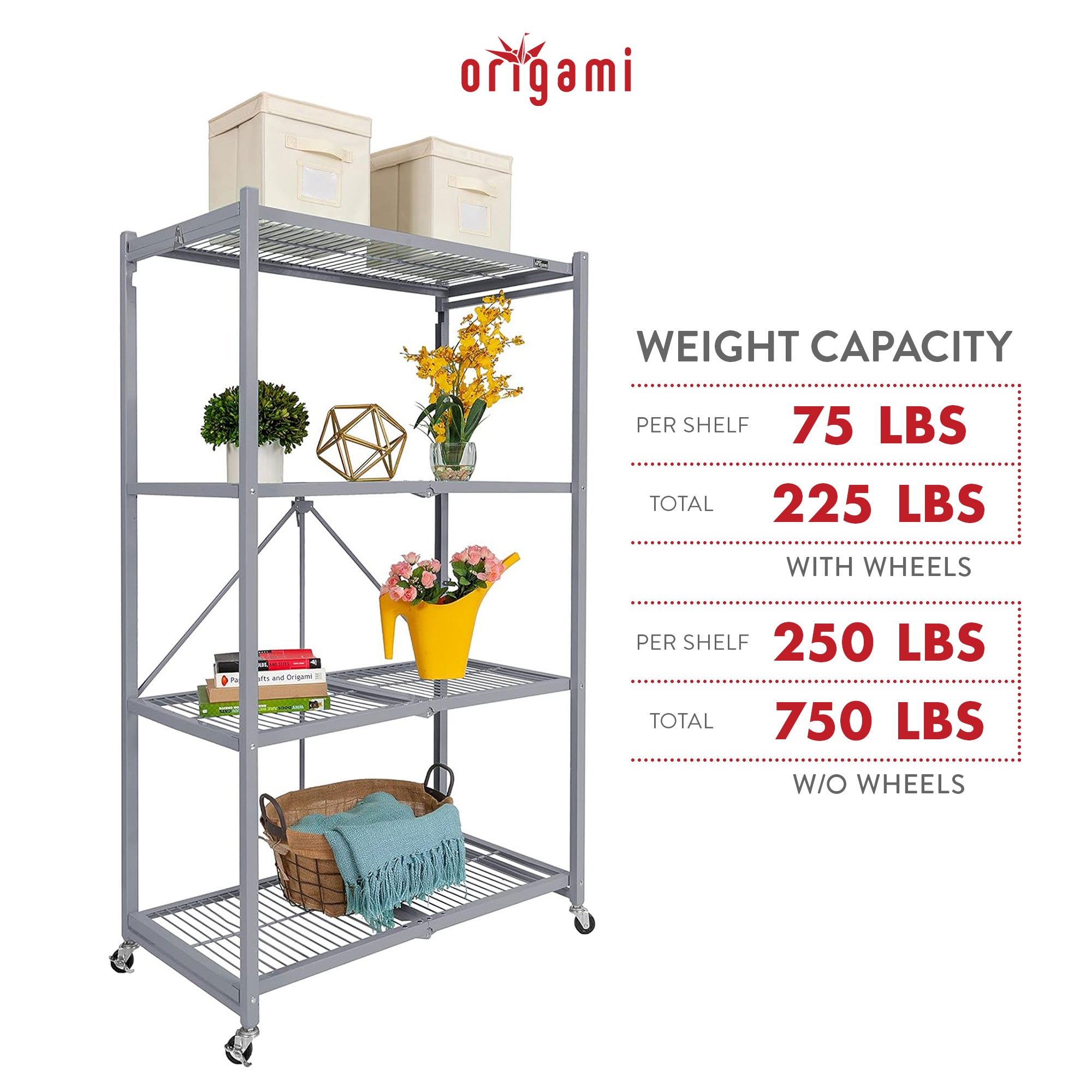 Origami 2-Pack R5-06W 4-Wheel 4-Shelf Folding Steel Wire Shelving Storage, Gray - VMInnovations