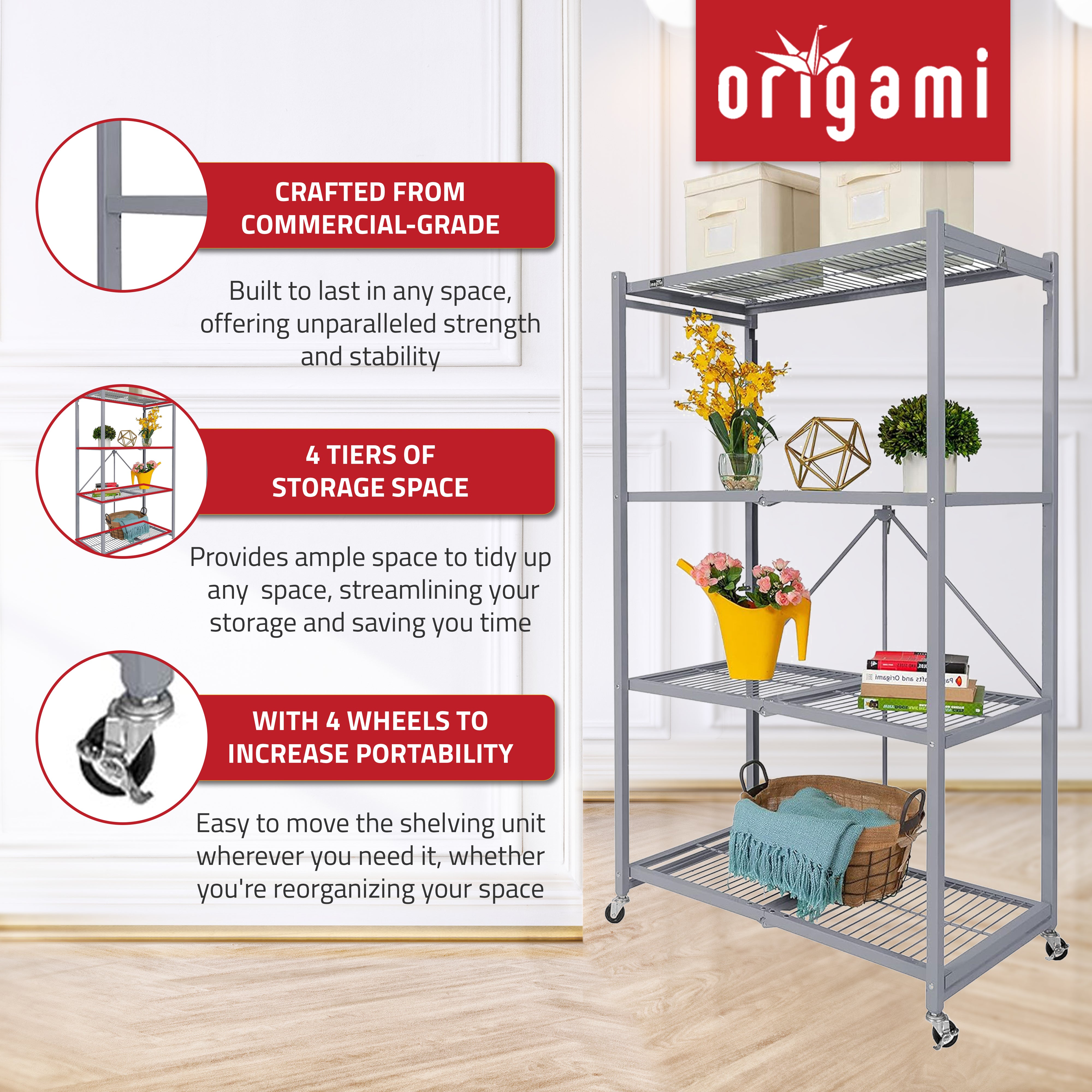 Origami 2-Pack R5-06W 4-Wheel 4-Shelf Folding Steel Wire Shelving Storage, Gray - VMInnovations
