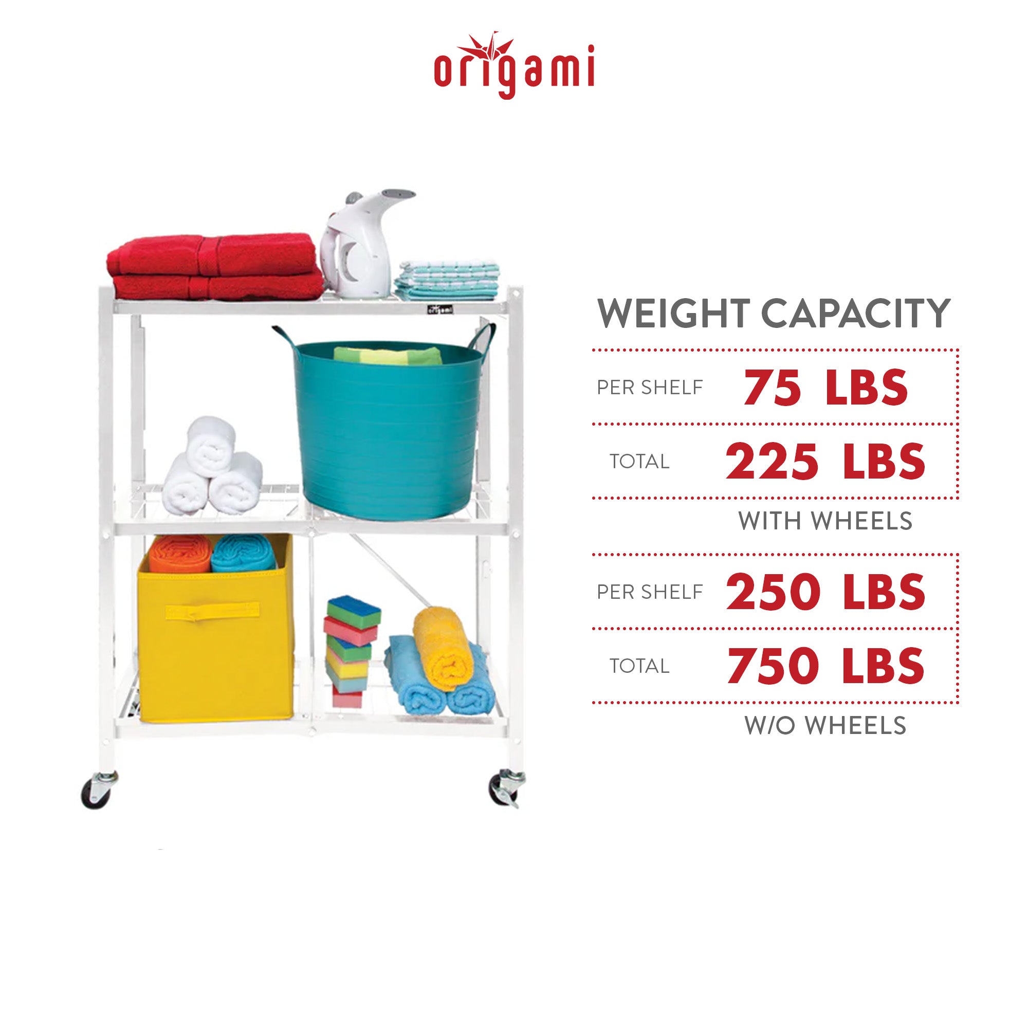 Origami R3 3 Tier Heavy Duty Foldable Rolling Shelving , White (Open Box) - VMInnovations