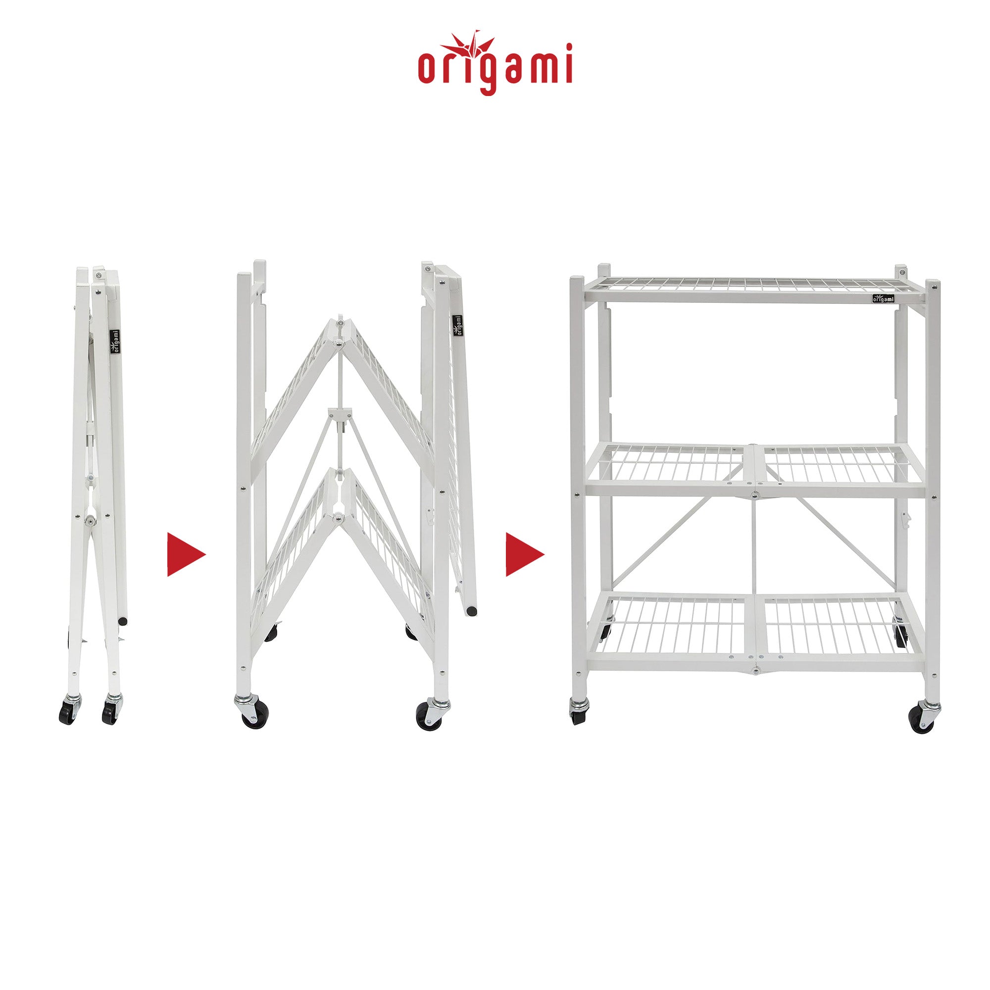 Origami R3 3 Tier Heavy Duty Foldable Rolling Shelving , White (Open Box) - VMInnovations