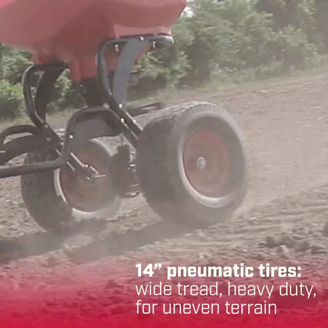 Chapin Tow Behind Spreader, Trailer Hitch with Auto-Stop, 150 lb Capacity, Red - VMInnovations