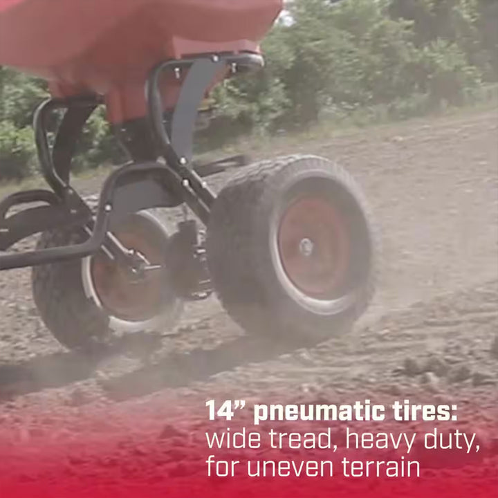 Chapin Tow Behind Spreader, Trailer Hitch with Auto-Stop, 150 lb Capacity, Red - VMInnovations
