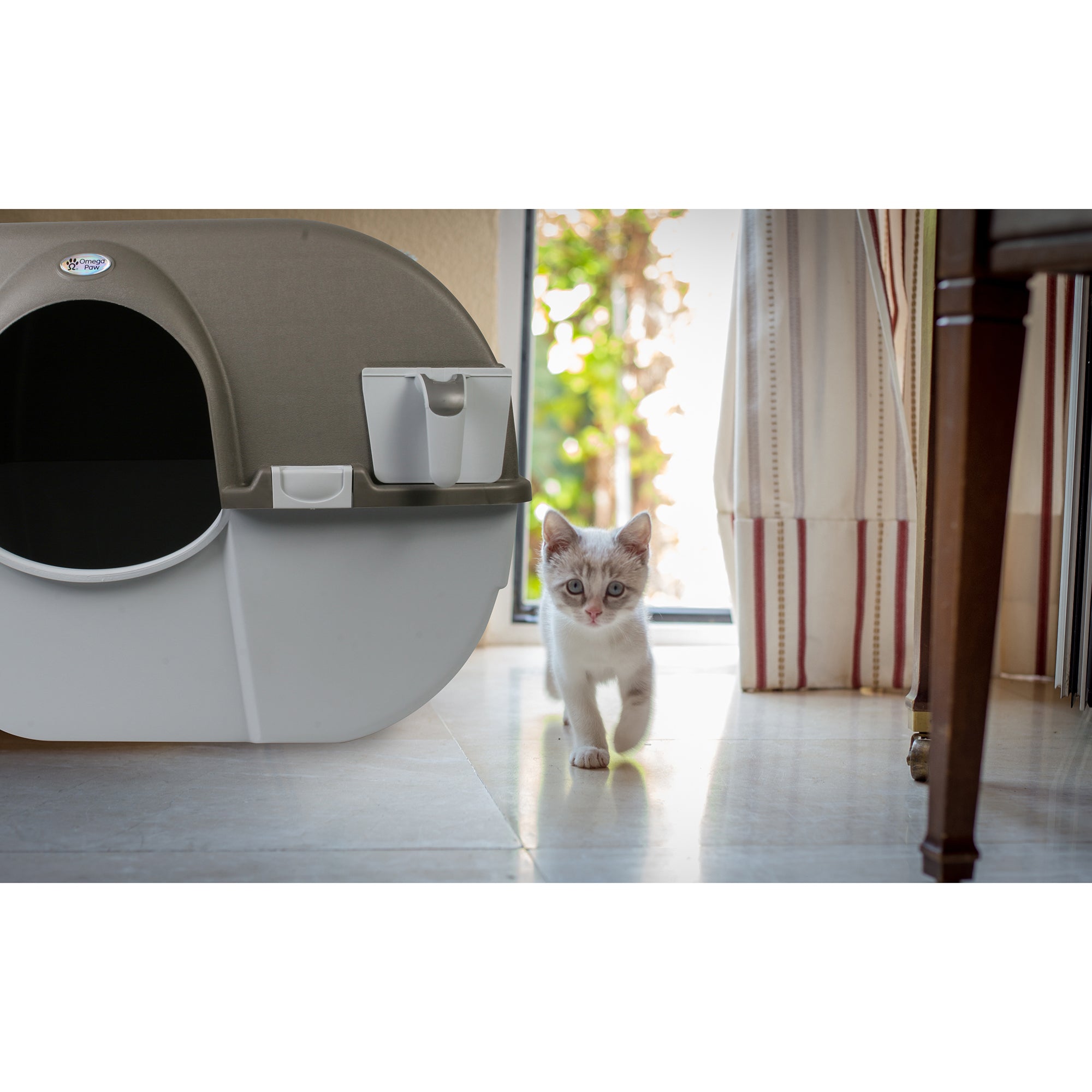 Omega Paw Roll 'n Clean Self Cleaning Cat Litter Box with Tray, Regular, Taupe - VMInnovations