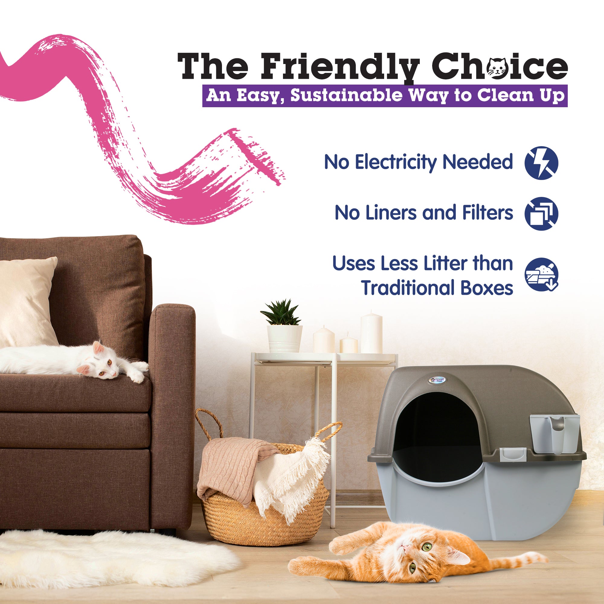 Omega Paw Roll 'n Clean Self Cleaning Cat Litter Box with Tray, Regular, Taupe - VMInnovations