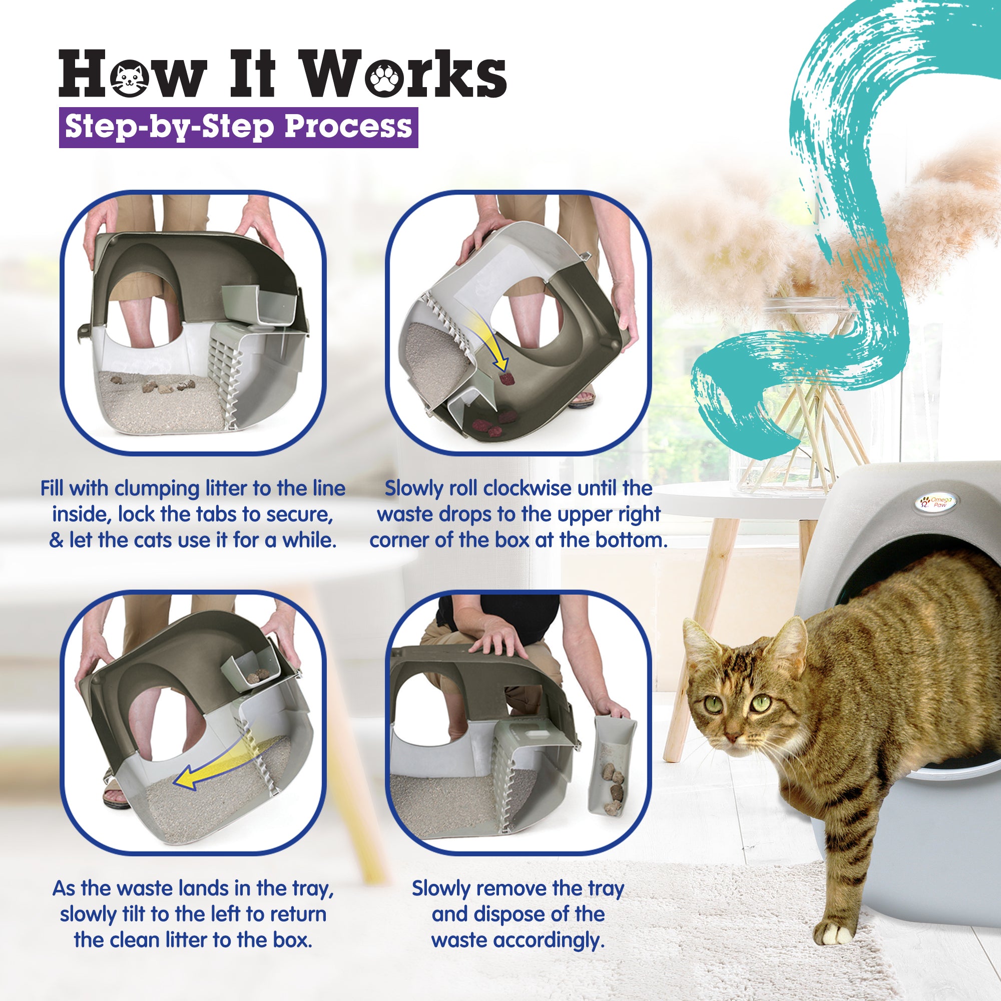 Omega Paw Roll 'n Clean Self Cleaning Cat Litter Box with Tray, Regular, Taupe - VMInnovations