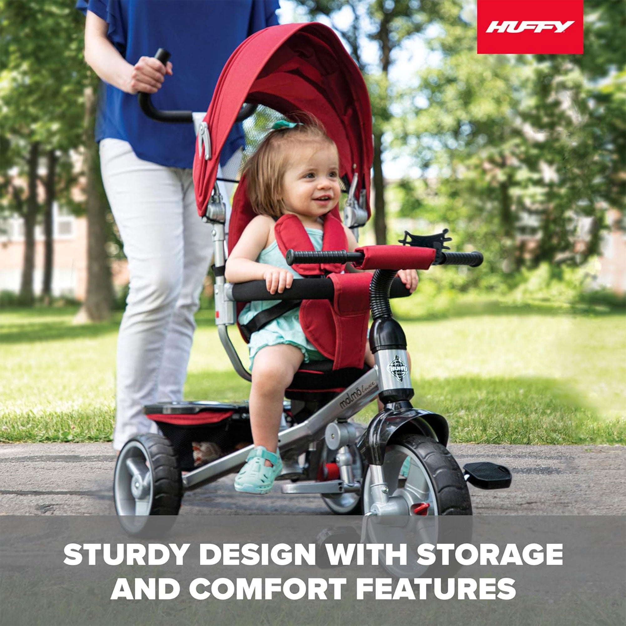 Huffy Malmo Luxe 4 in 1 Canopy Tricycle with Push Handle for Toddlers, Red/Black - VMInnovations