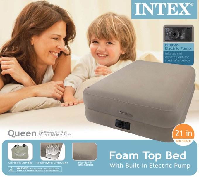 INTEX Queen Memory Foam Top Raised Airbed Air Mattress Bed with Pump - Open Box