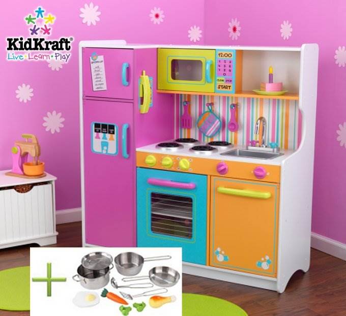 KidKraft Big & Bright Kid Child Pretend Play Kitchen & Deluxe Toy Cookware Set