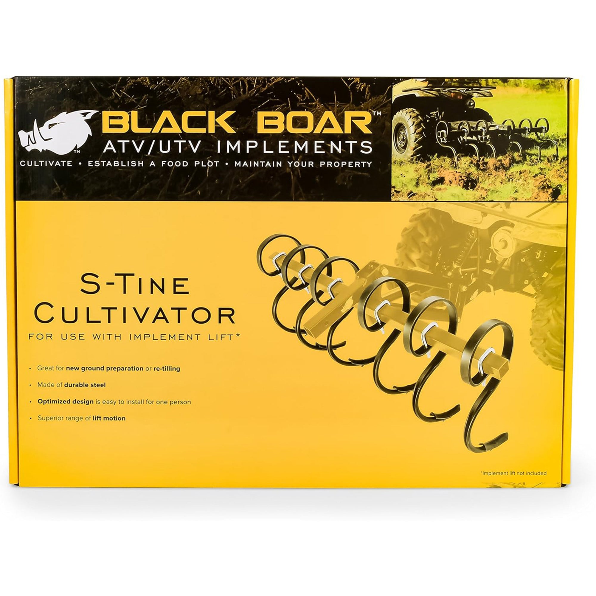 Black Boar ATV/UTV S-Tine Cultivator for Ground Preparation or Re-Tilling, Black