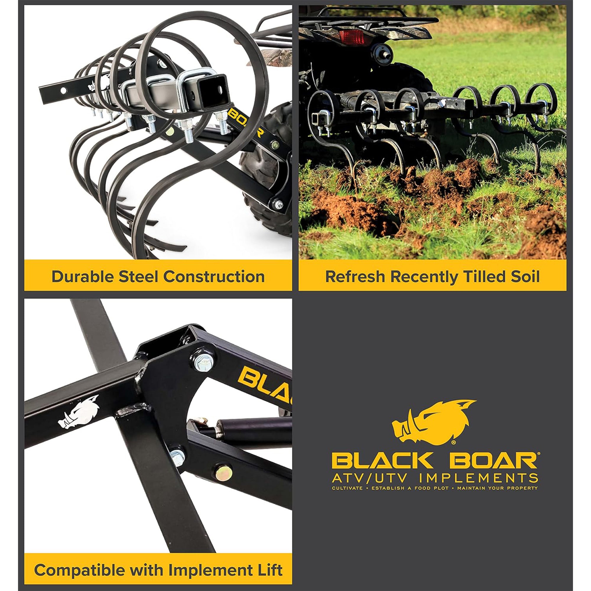 Black Boar ATV/UTV S-Tine Cultivator for Ground Preparation or Re-Tilling, Black