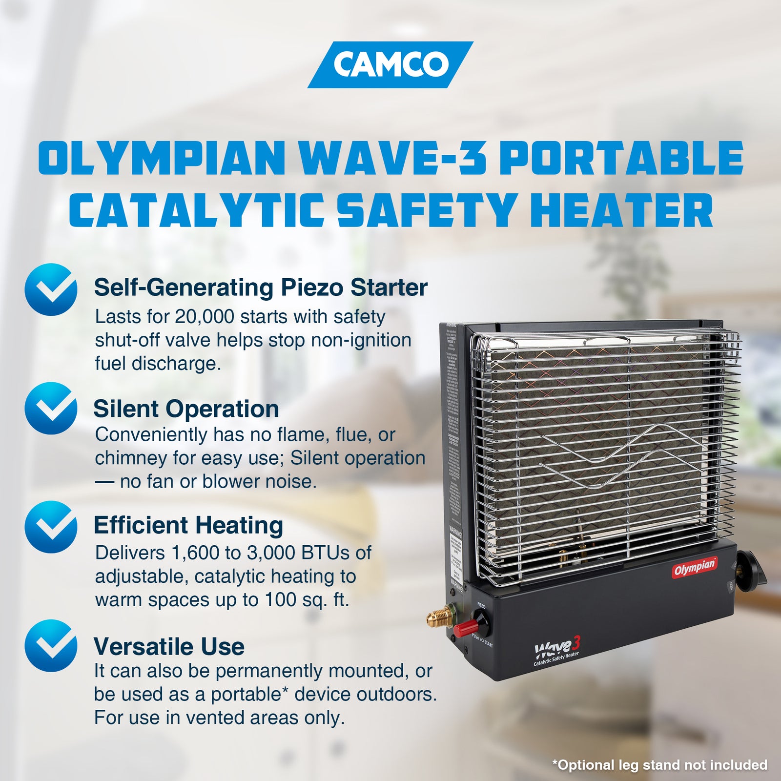 Camco Olympian Wave-3 Portable Catalytic Safety Heater for RV Use, 3,000 BTU - VMInnovations