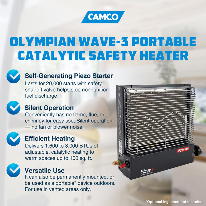 Camco Olympian Wave-3 Portable Catalytic Safety Heater for RV Use, 3,000 BTU - VMInnovations