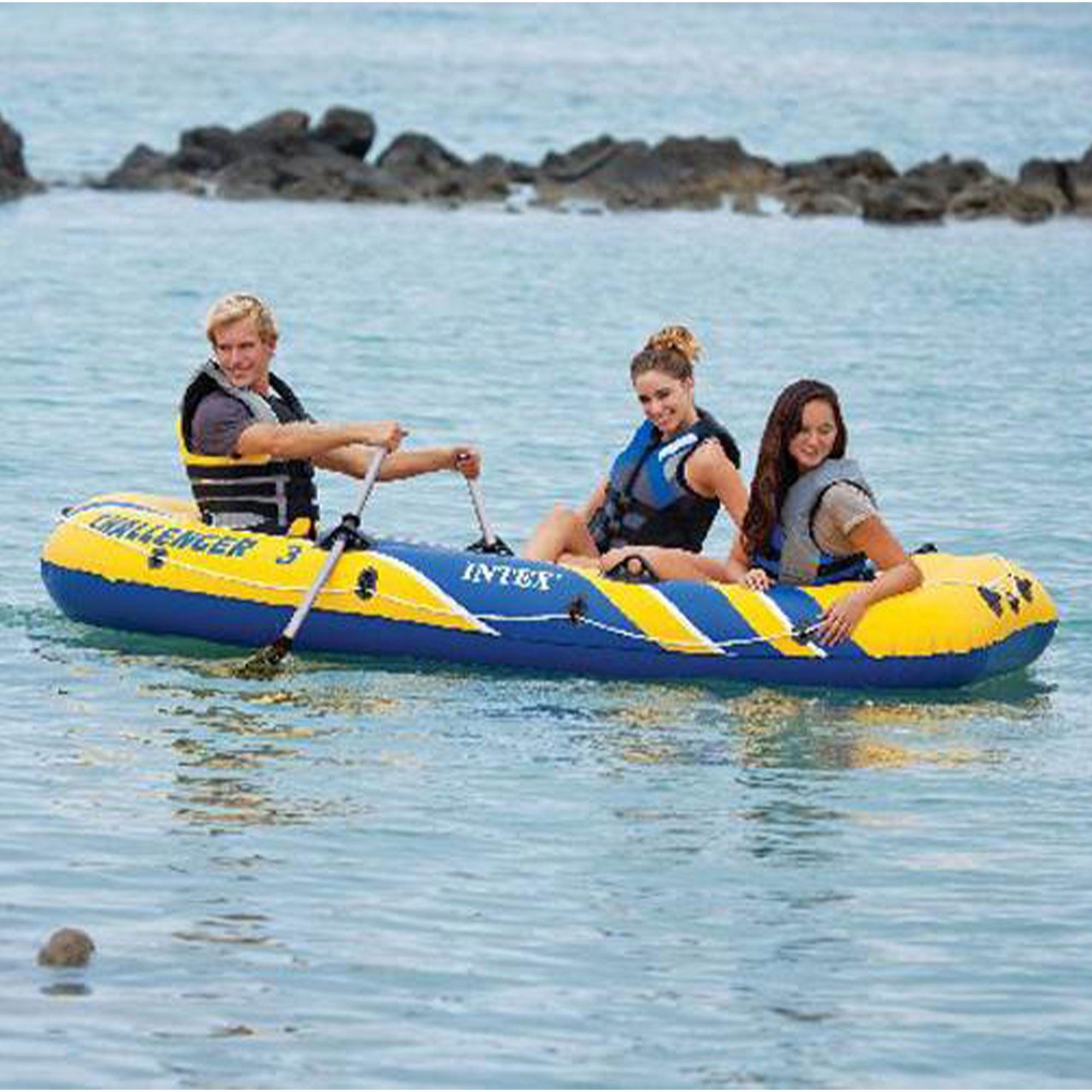 Intex Challenger 3 Boat 2 Person Raft & Oar Set Inflatable with Motor Mount Kit - VMInnovations