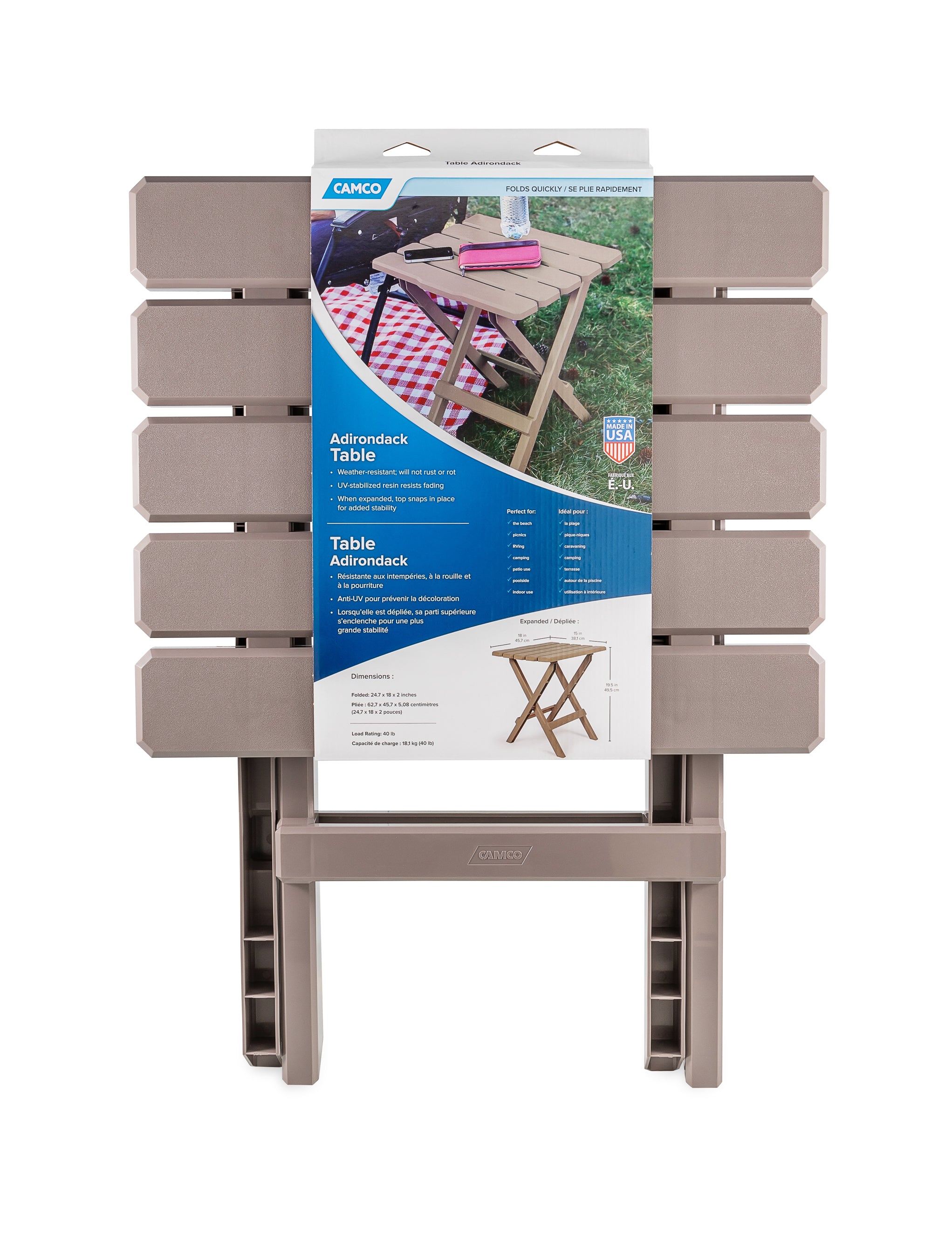 Camco Adirondack Style Folding Plastic Large Table, Indoor or Outdoor Use, Taupe