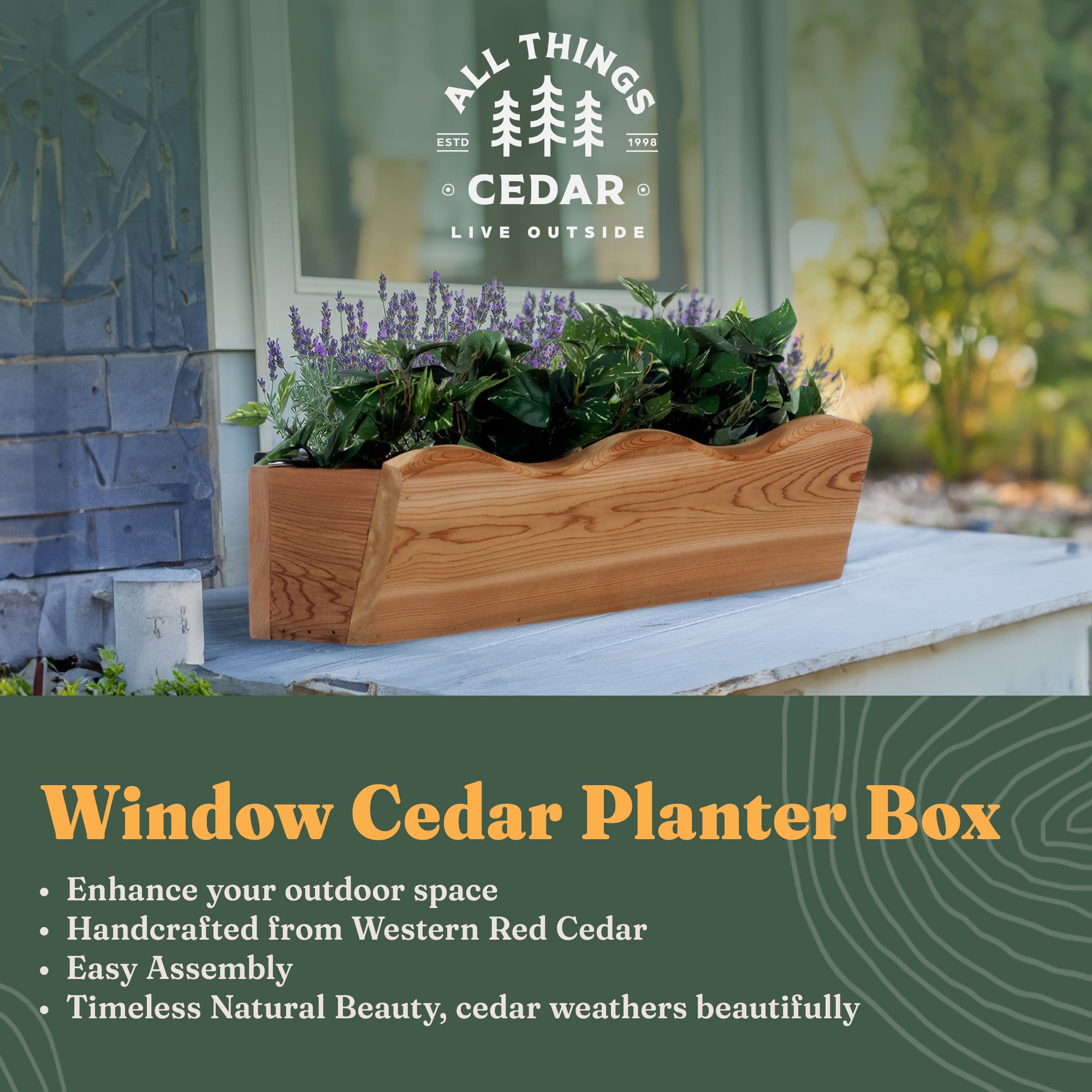 All Things Cedar 22” Outdoor Window Planter, Wooden Wall Box for Plants, Natural - VMInnovations
