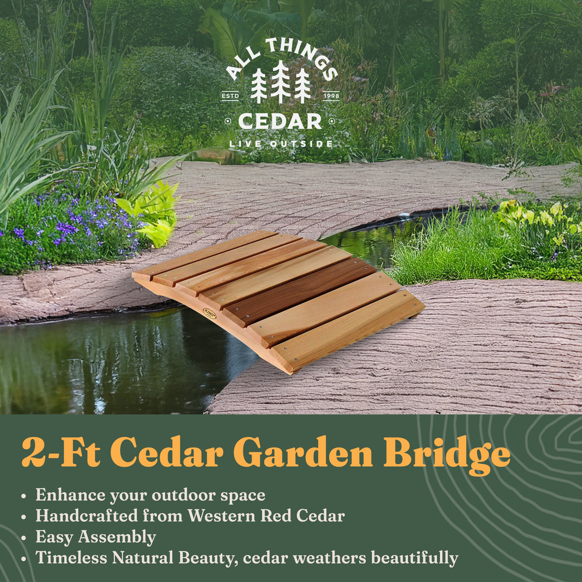 All Things Cedar Outdoor Wood Bridge, Walkway, Backyard Pond, 2’ (Open Box) - VMInnovations
