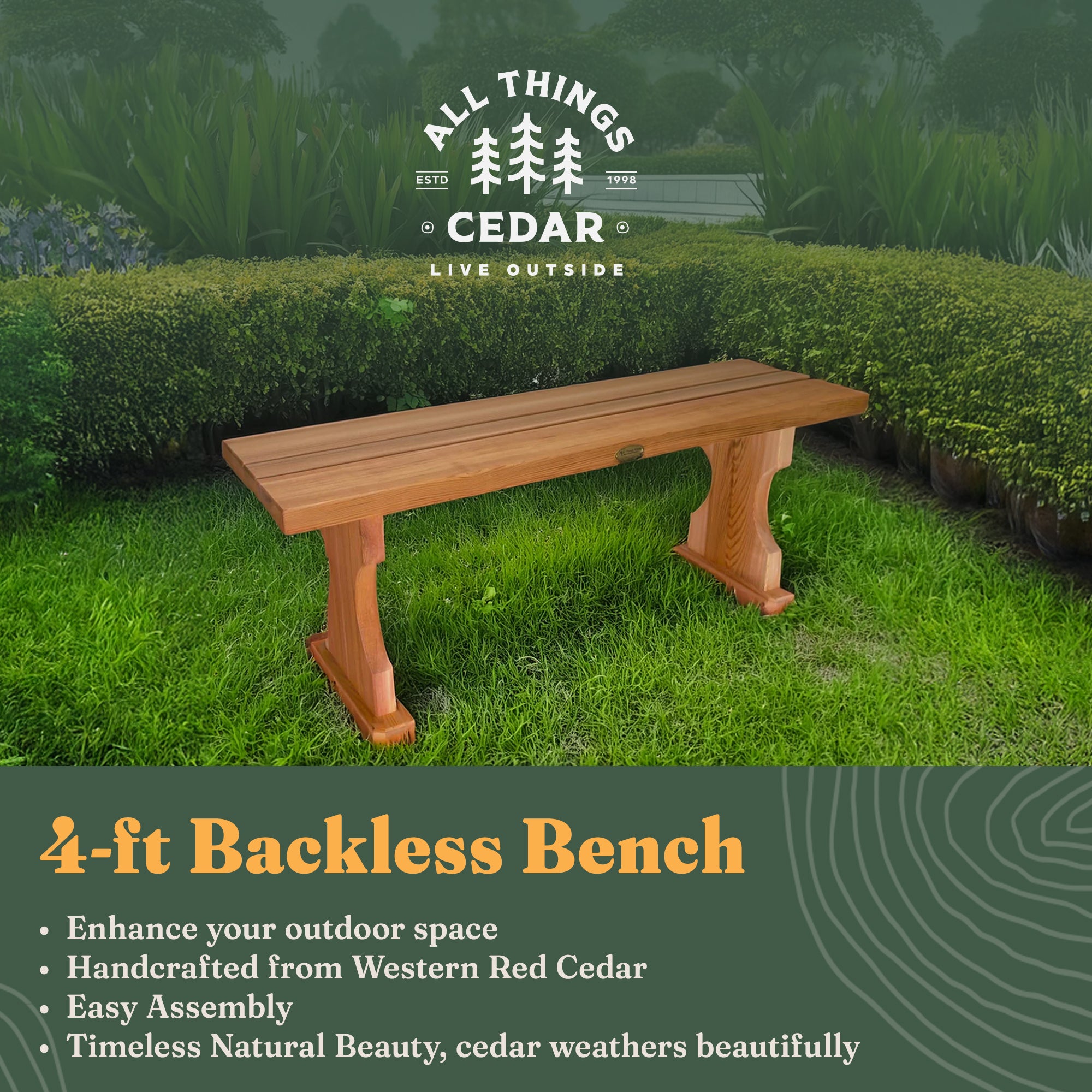 All Things Cedar 45” Deluxe Wood Backless Bench, Indoor Outdoor Seating, Natural - VMInnovations